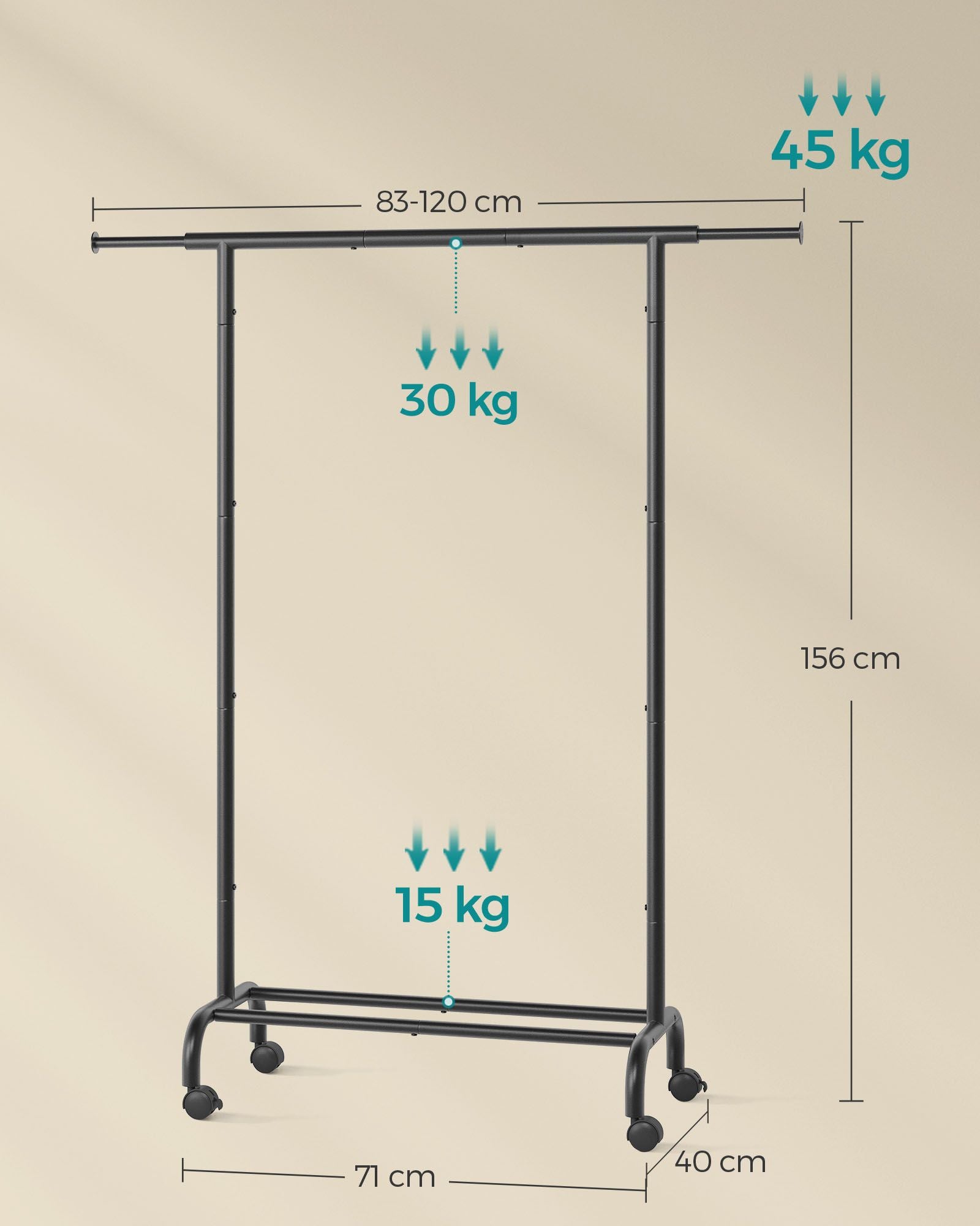Clothing rack on wheels with a load capacity of up to 45 kg, ink black