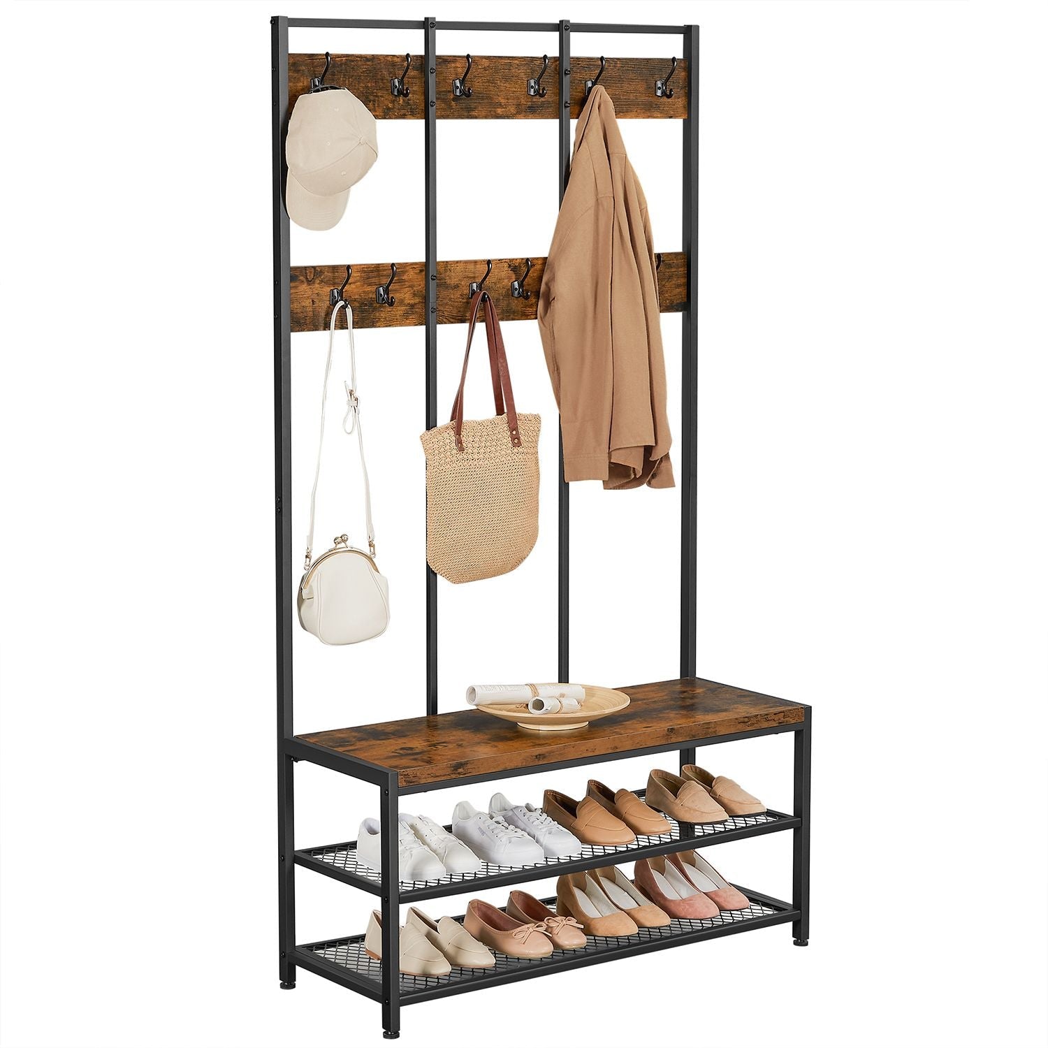 Coat rack with sofa - 12 clothes hooks - shoe rack - Industrial design - Sturdy steel frame