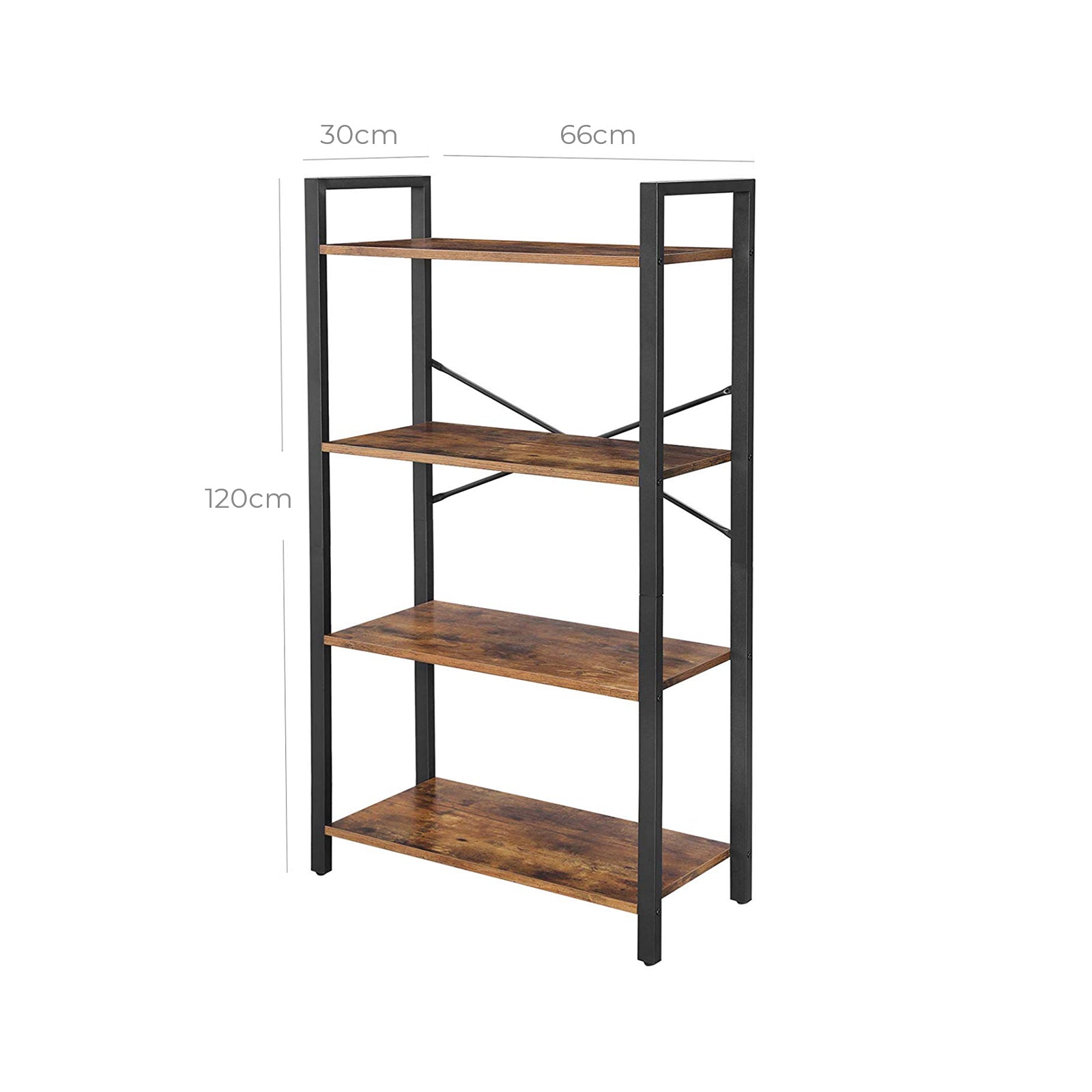 Bookcase - 4 levels - storage rack with steel frame - 120 cm high - Brown/black