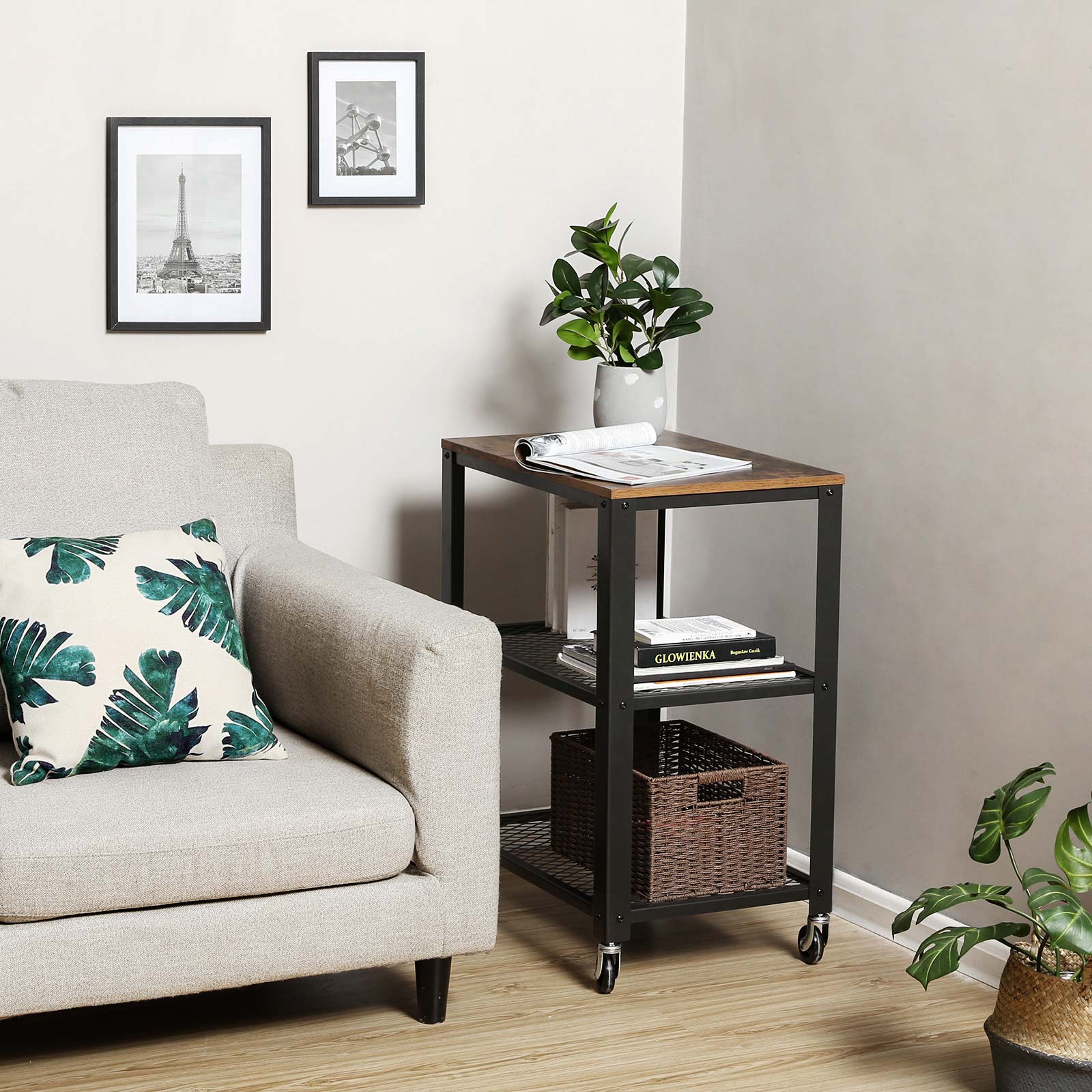 Side table - Trolley - 3 shelves - On wheels - Industrial - Brown