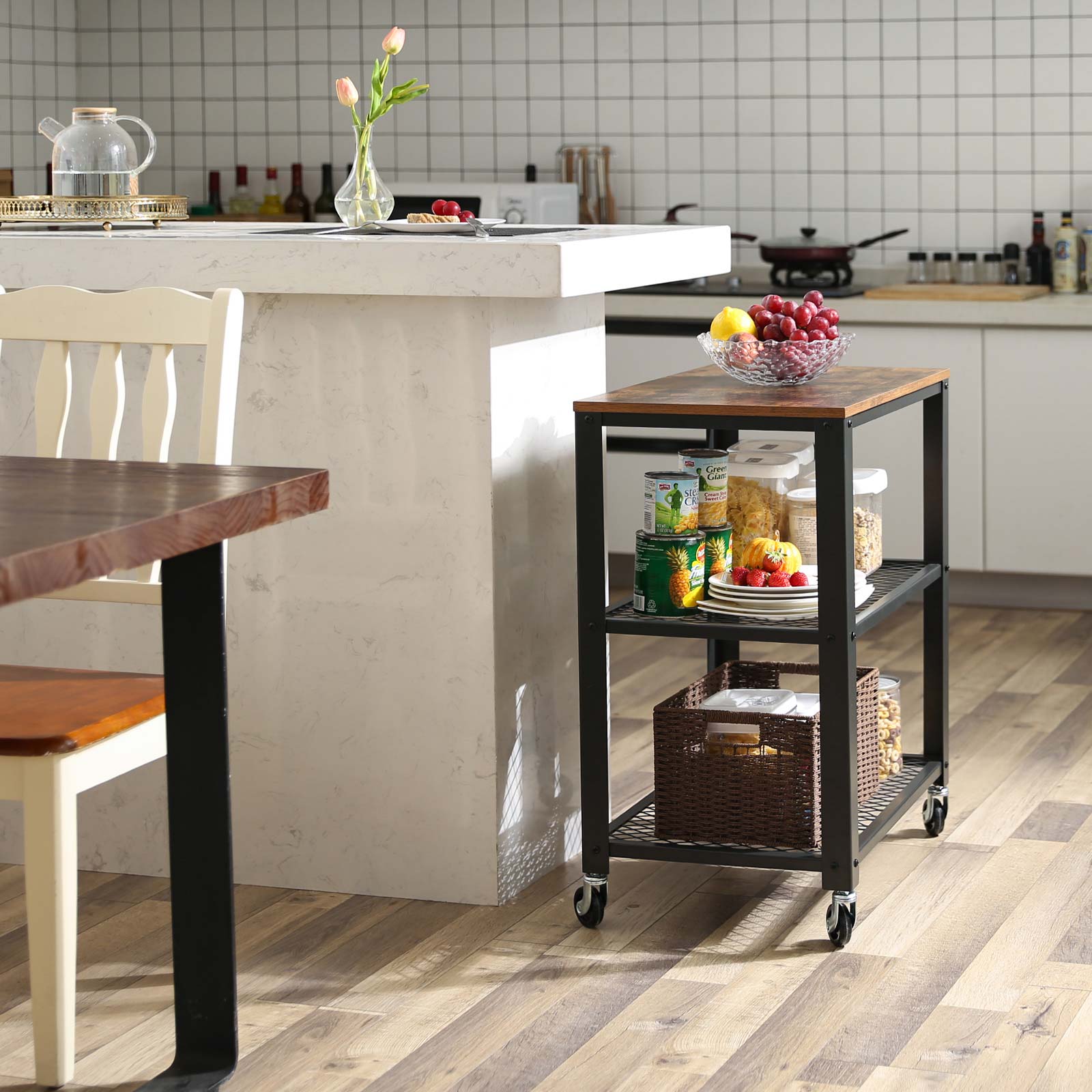 Side table - Trolley - 3 shelves - On wheels - Industrial - Brown
