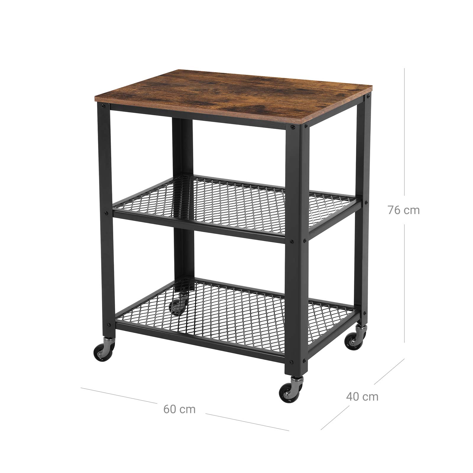 Side table - Trolley - 3 shelves - On wheels - Industrial - Brown