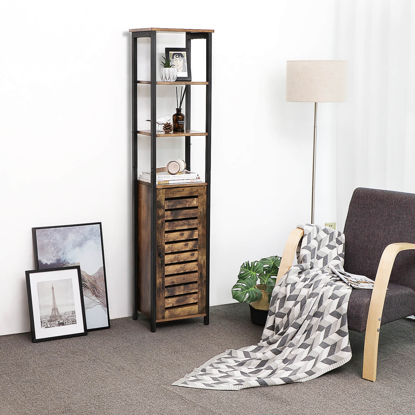 Kitchen cupboard - Narrow storage cupboard with 3 racks - Industrial design - Brown