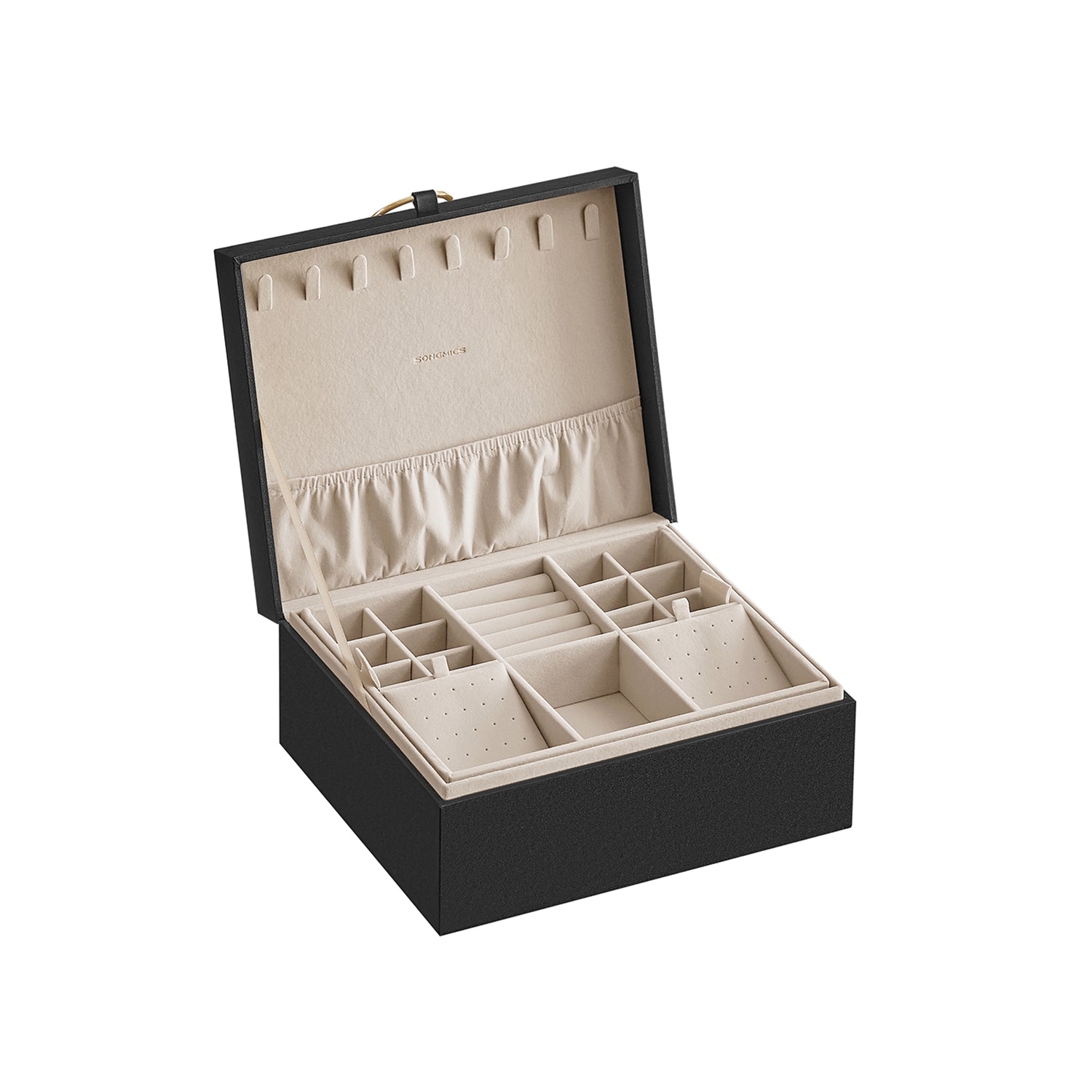 Jewelry box - 2 levels - with handle - flexible jewelry tray - black