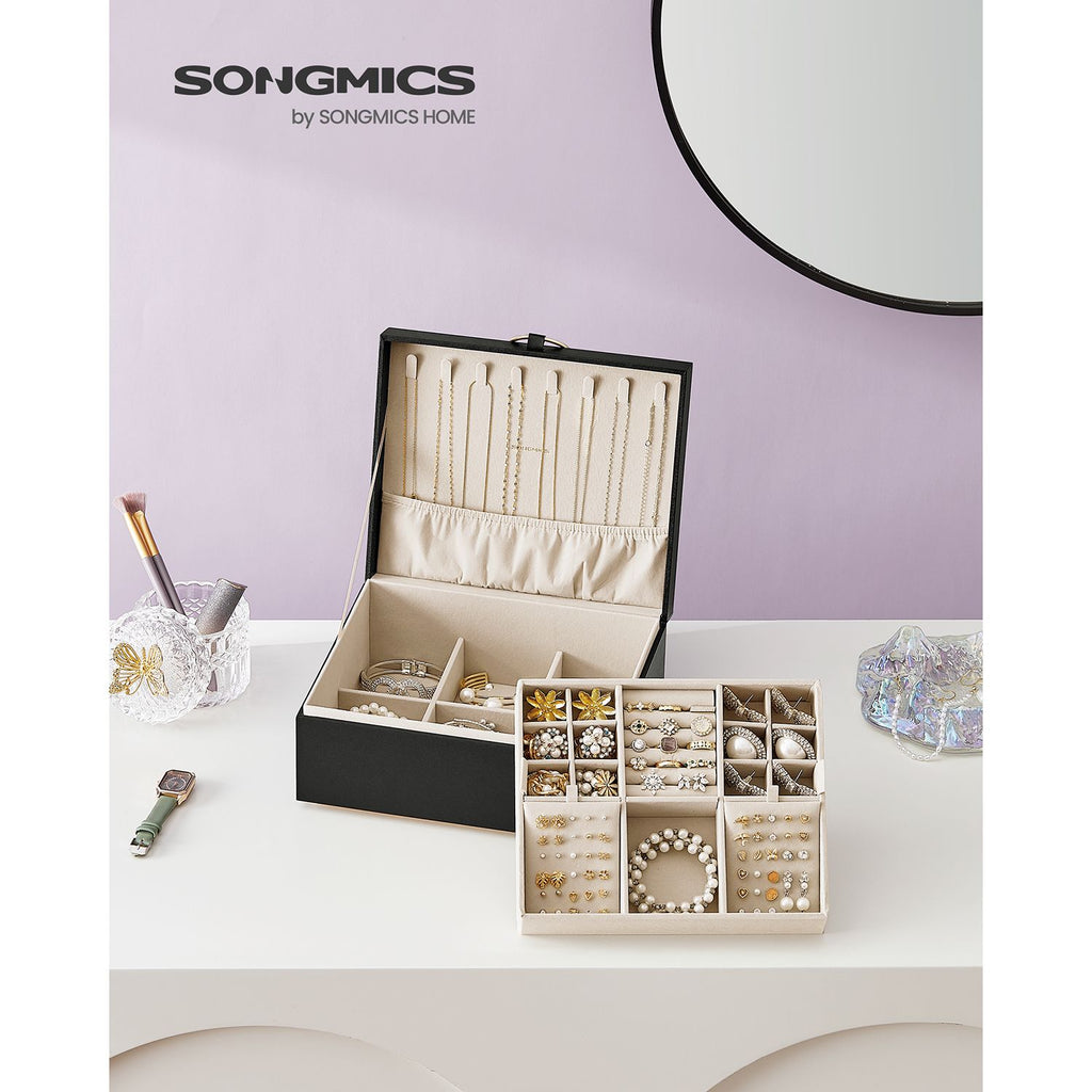 Jewelry box - 2 levels - with handle - flexible jewelry tray - black