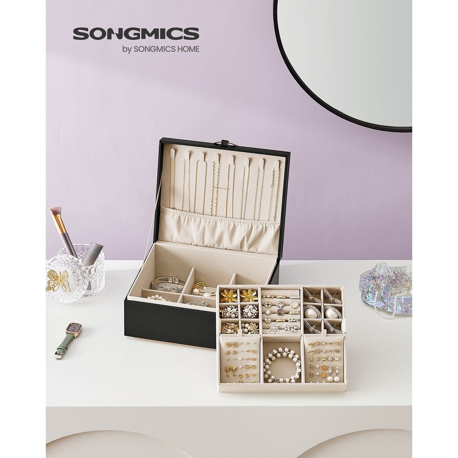 Jewelry box - 2 levels - with handle - flexible jewelry tray - black