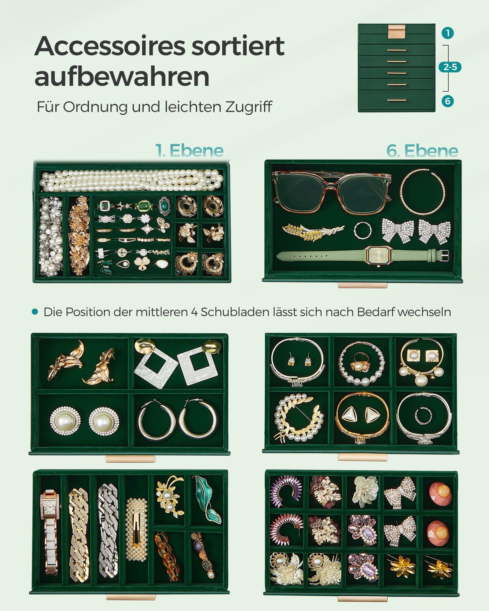 Jewelry box-5 drawers-Modern-Bosgroen-Goud