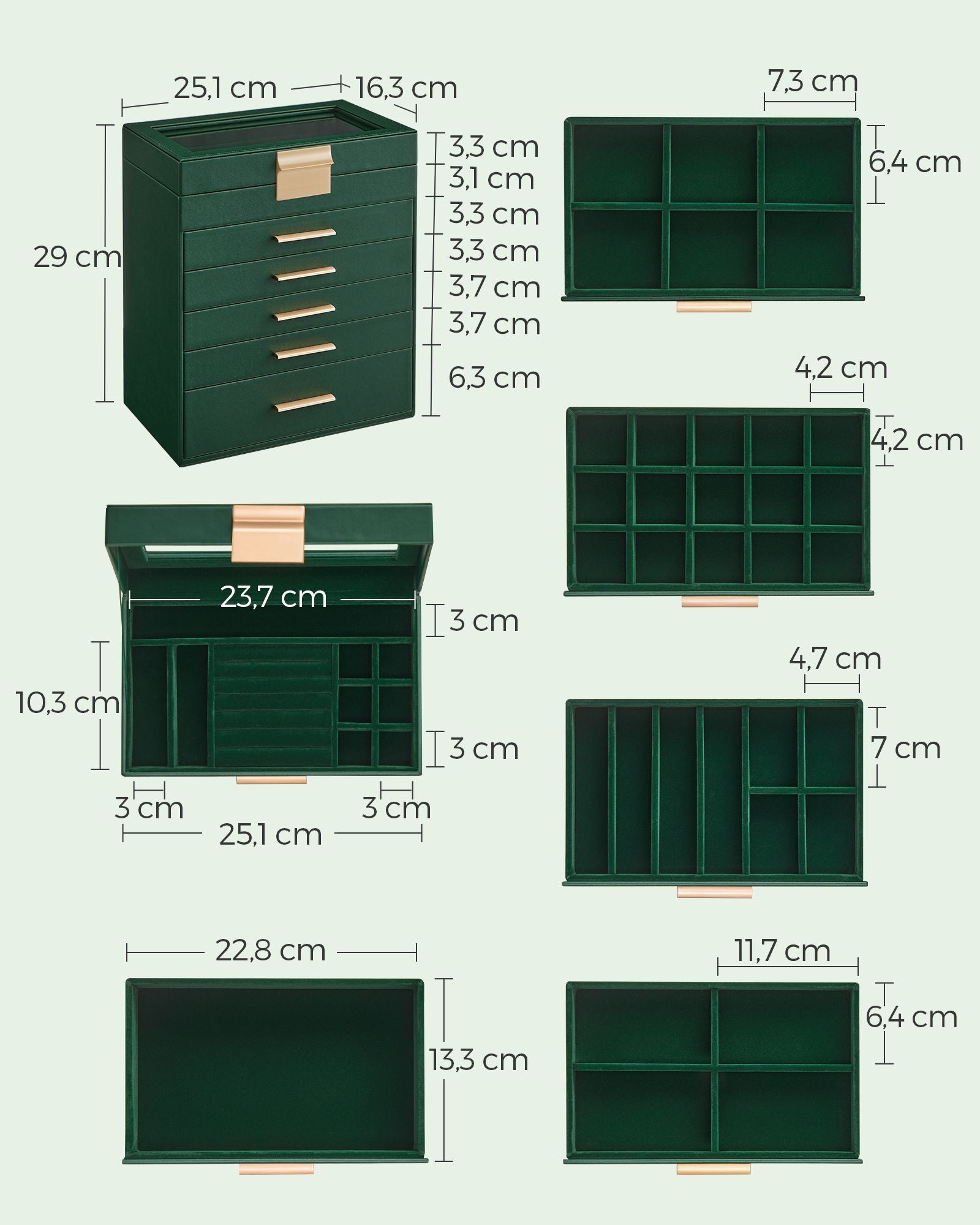 Jewelry box-5 drawers-Modern-Bosgroen-Goud