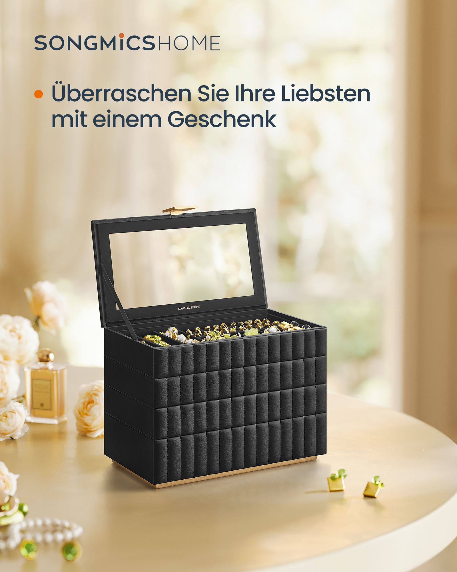 Jewelry box with mirror and 4 levels ink black