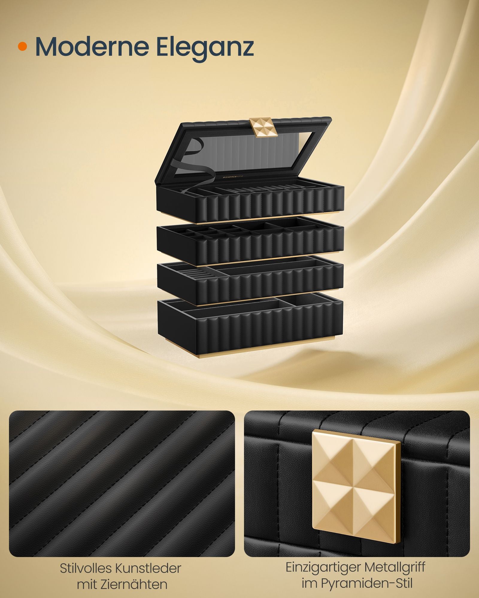 Jewelry box with mirror and 4 levels ink black