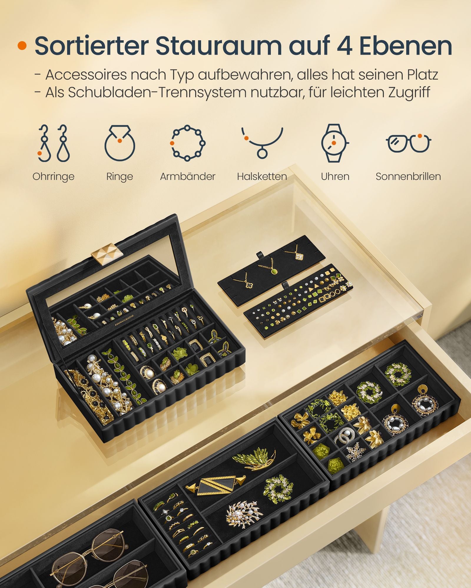 Jewelry box with mirror and 4 levels ink black