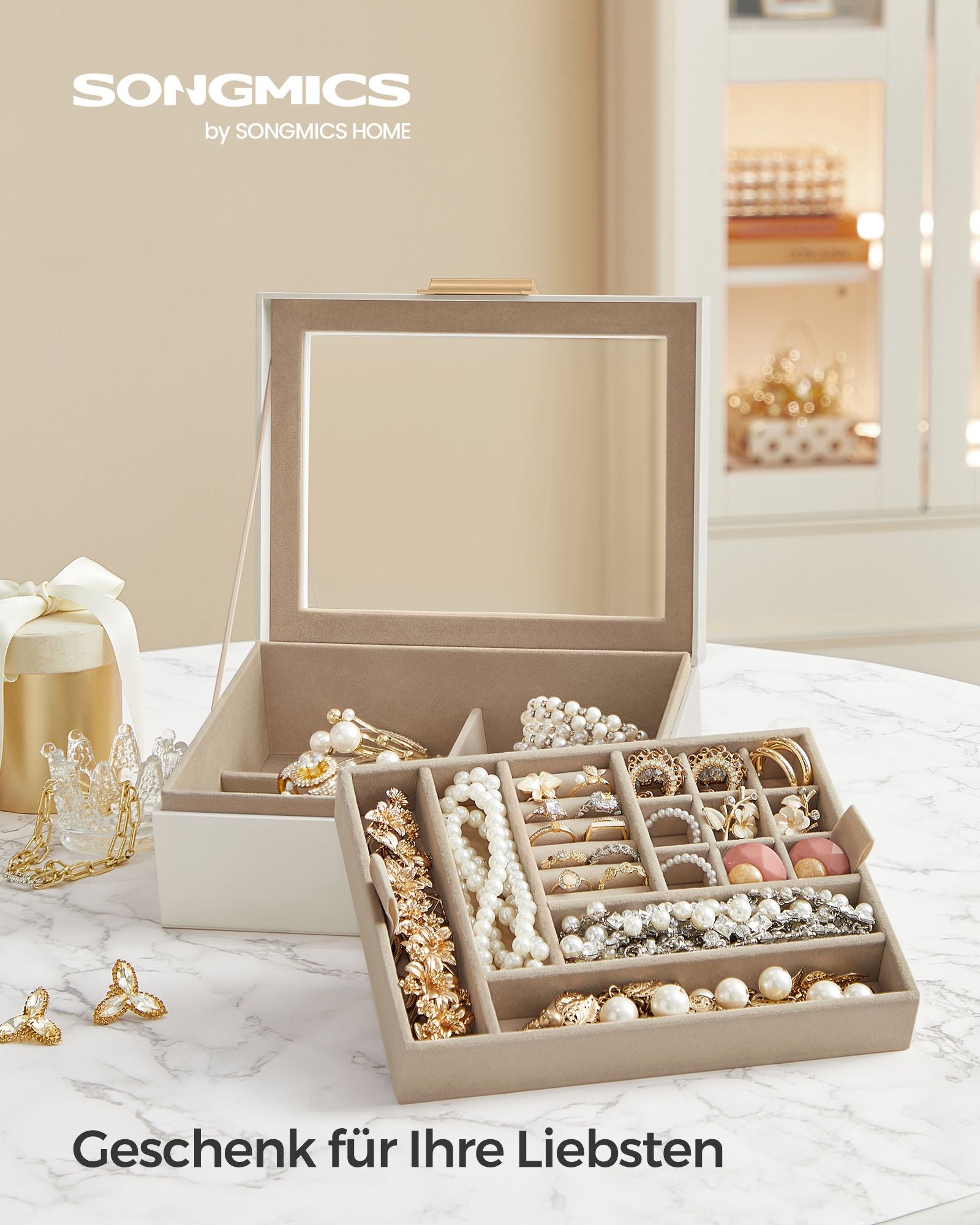 Jewelry box - 2 levels - White glass lid