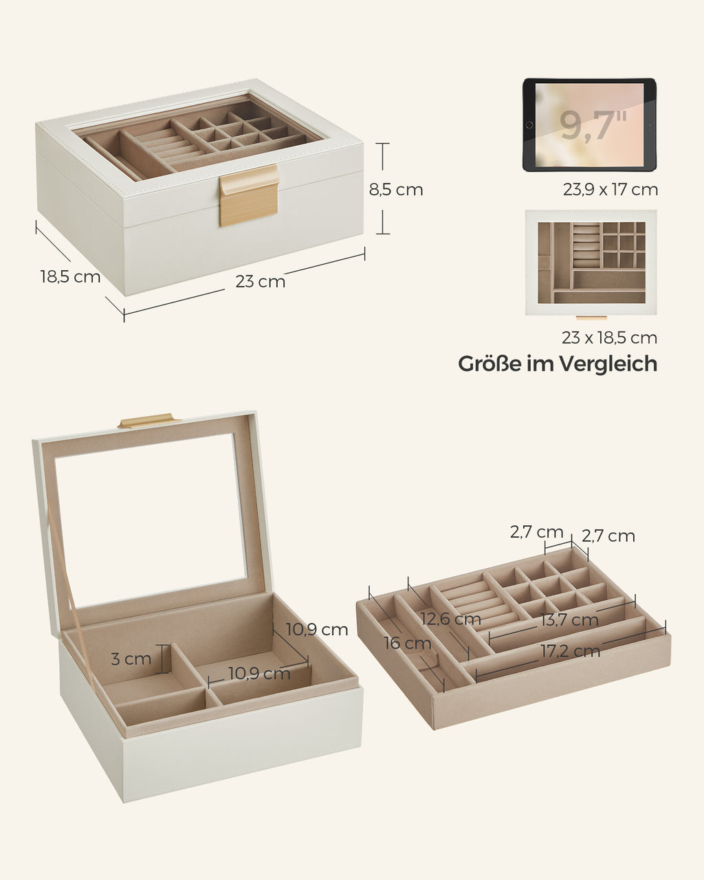 Jewelry box - 2 levels - White glass lid