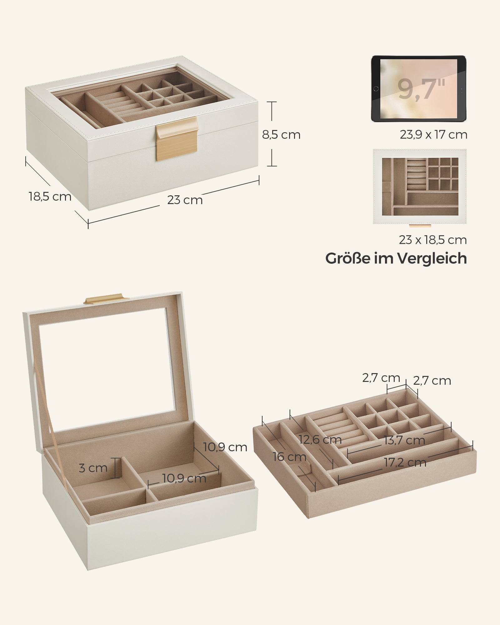 Jewelry box - 2 levels - White glass lid