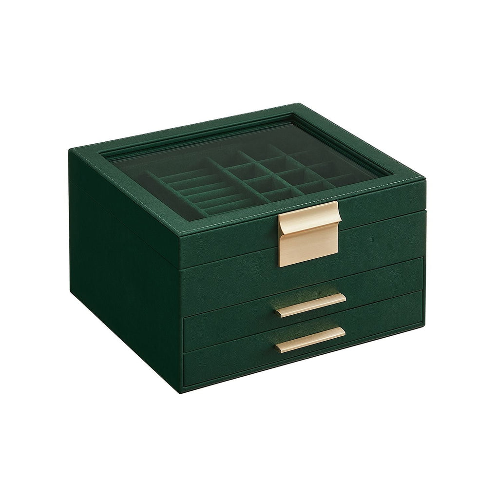 Jewelry box - With glass lid and 2 drawers - White