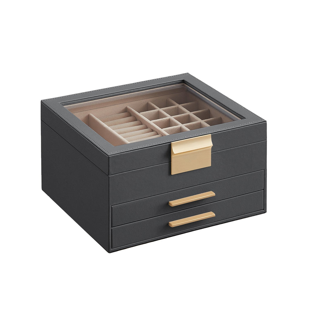 Jewelry box - With glass lid and 2 drawers - White