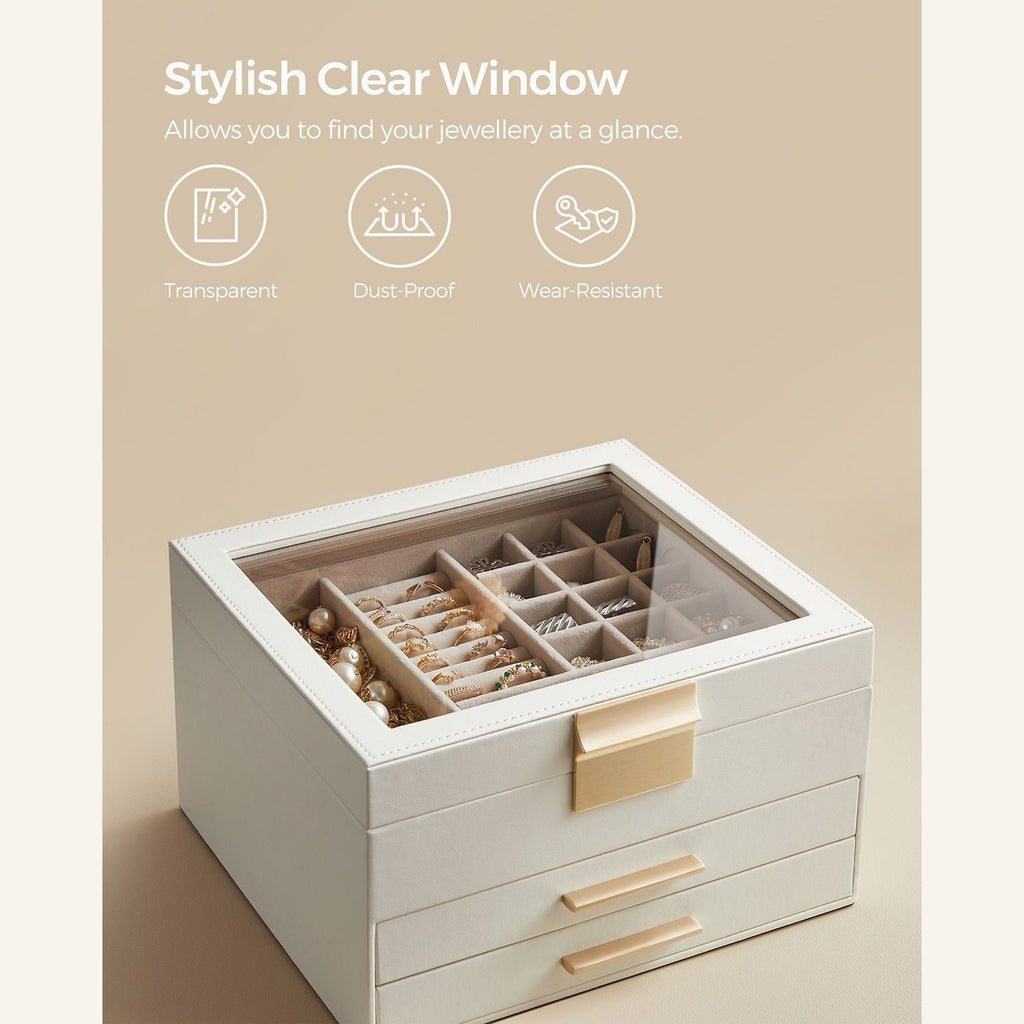 Jewelry box - With glass lid and 2 drawers - White