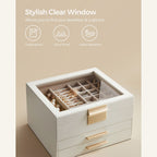 Jewelry box - With glass lid and 2 drawers - White