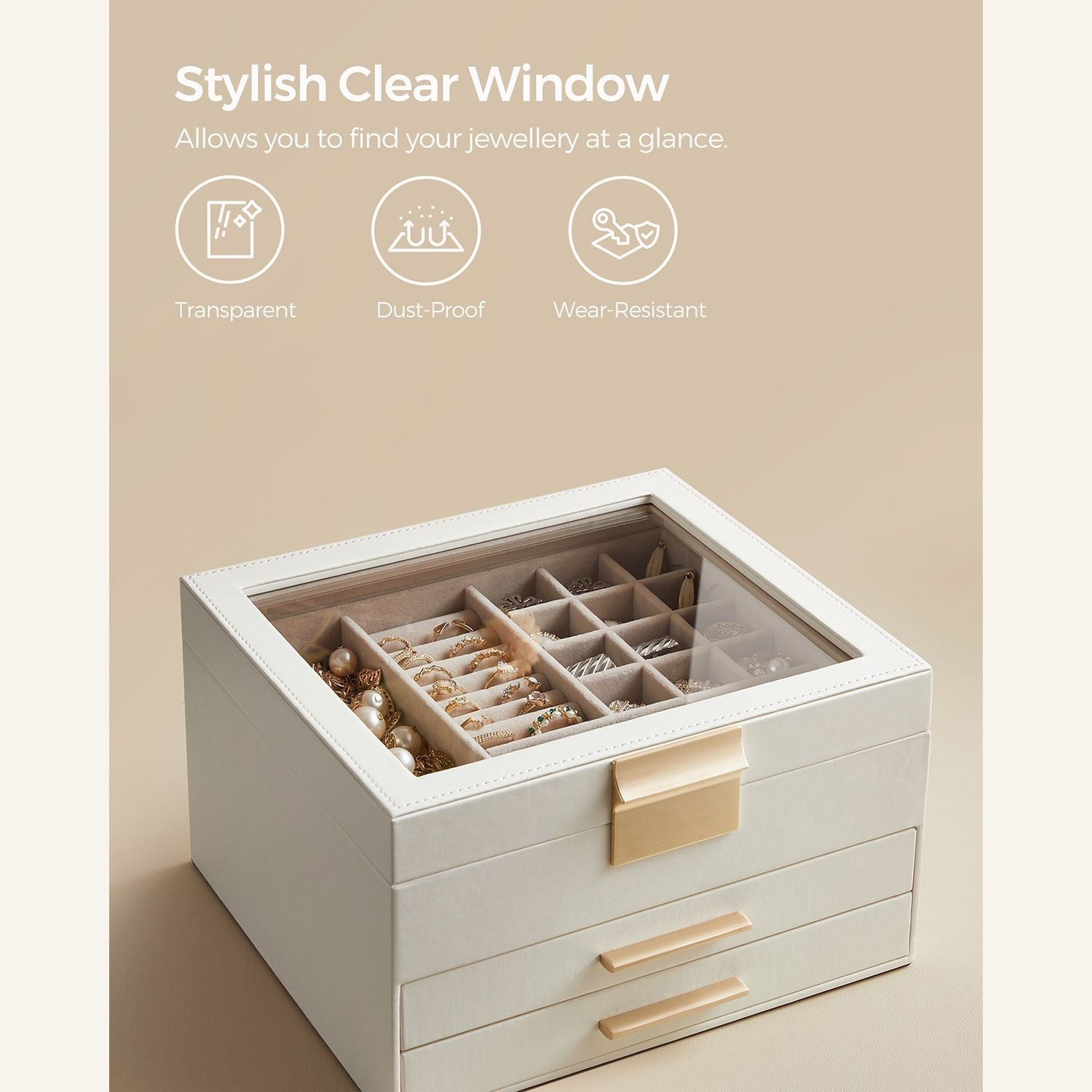 Jewelry box - With glass lid and 2 drawers - White