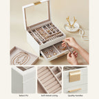 Jewelry box - With glass lid and 2 drawers - White