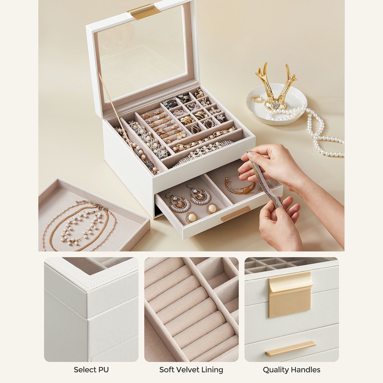 Jewelry box - With glass lid and 2 drawers - White