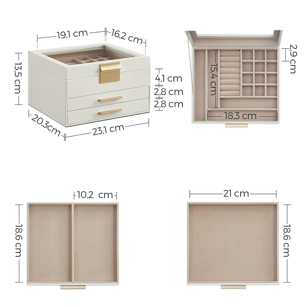 Jewelry box - With glass lid and 2 drawers - White