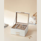 Jewelry box - With glass lid and 2 drawers - White