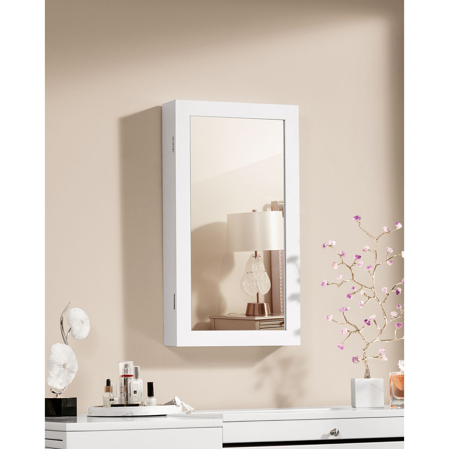 Jewelry cabinet - Hanging - with mirror - with lock - white