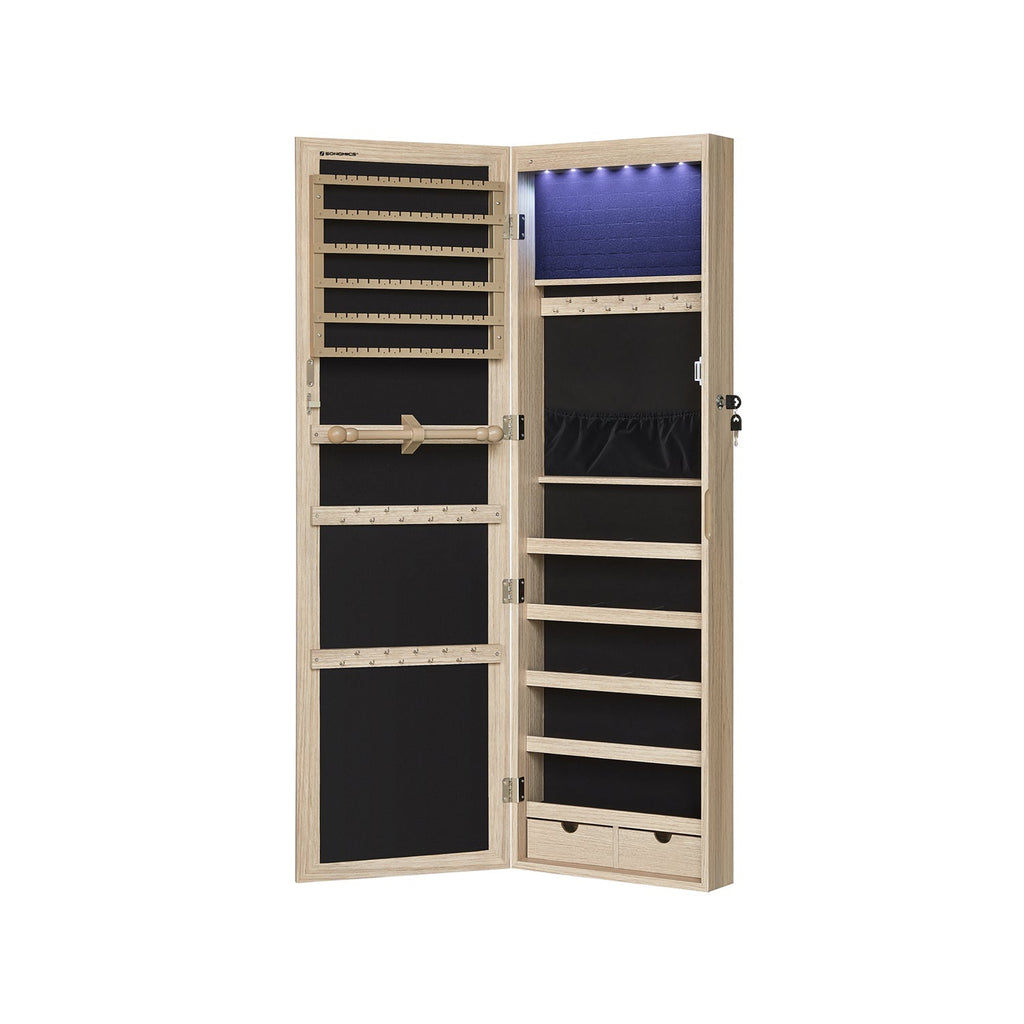 Jewelry cabinet - Hanging - With LED lighting - Door mounting - Black