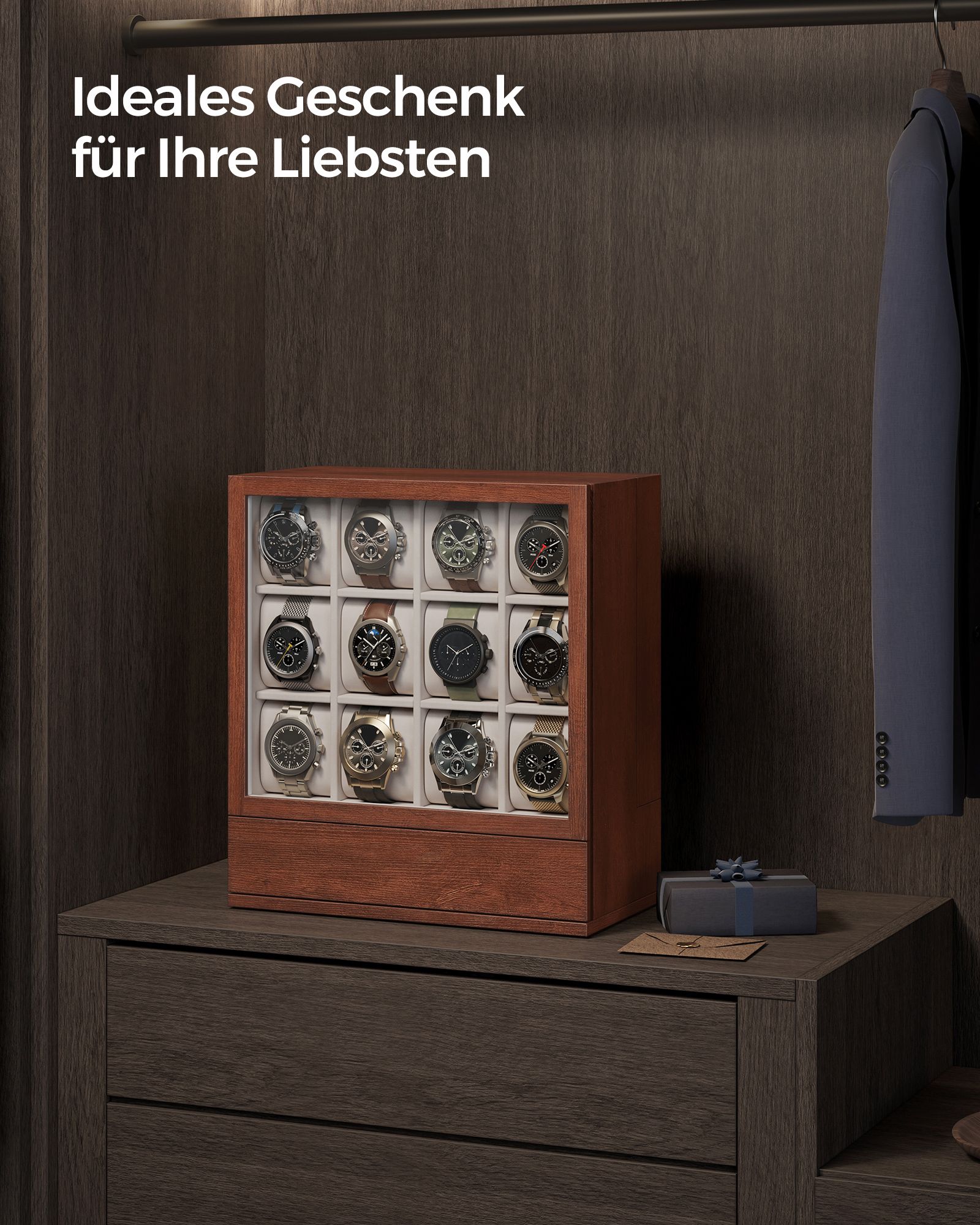 Watch box-12 compartments-with window-Gift idea-Coffee brown