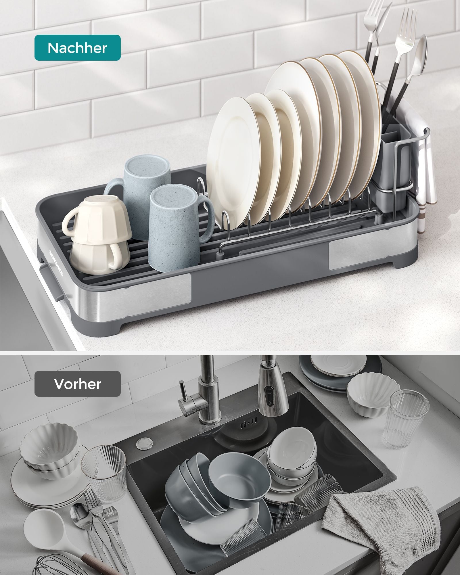 Drainfar of stainless steel for crockery in silver gray