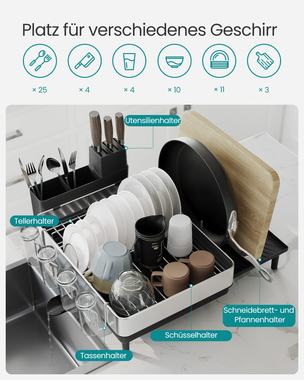 Drain rack with holders for silver black cutlery