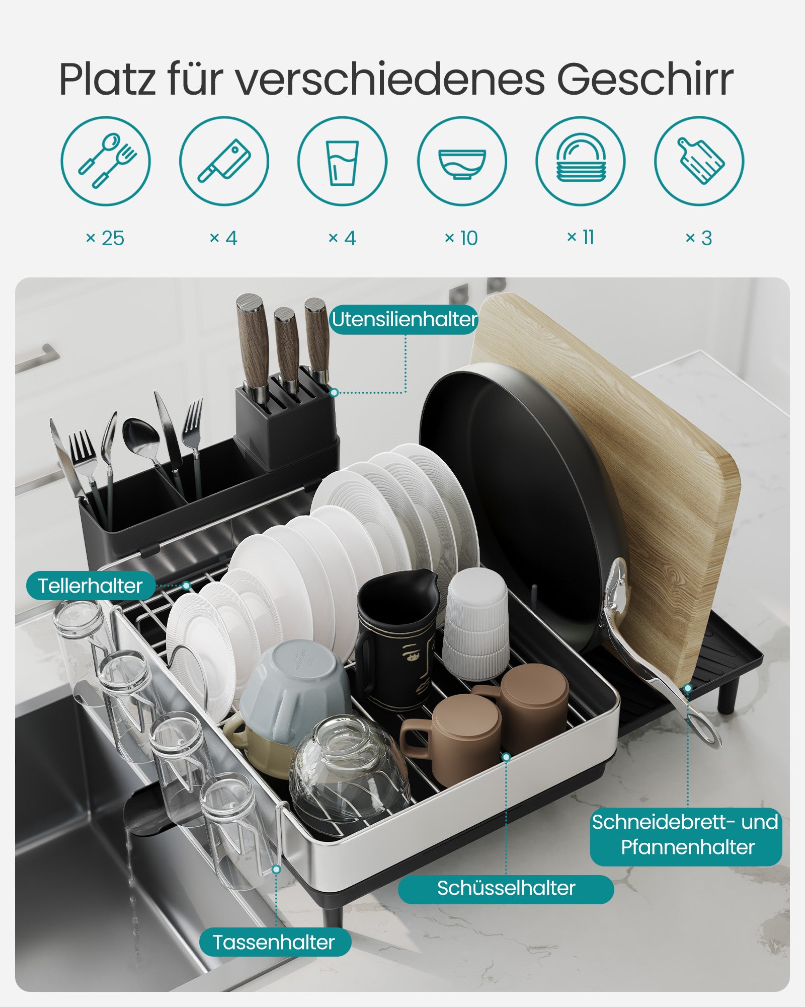 Drain rack with holders for silver black cutlery