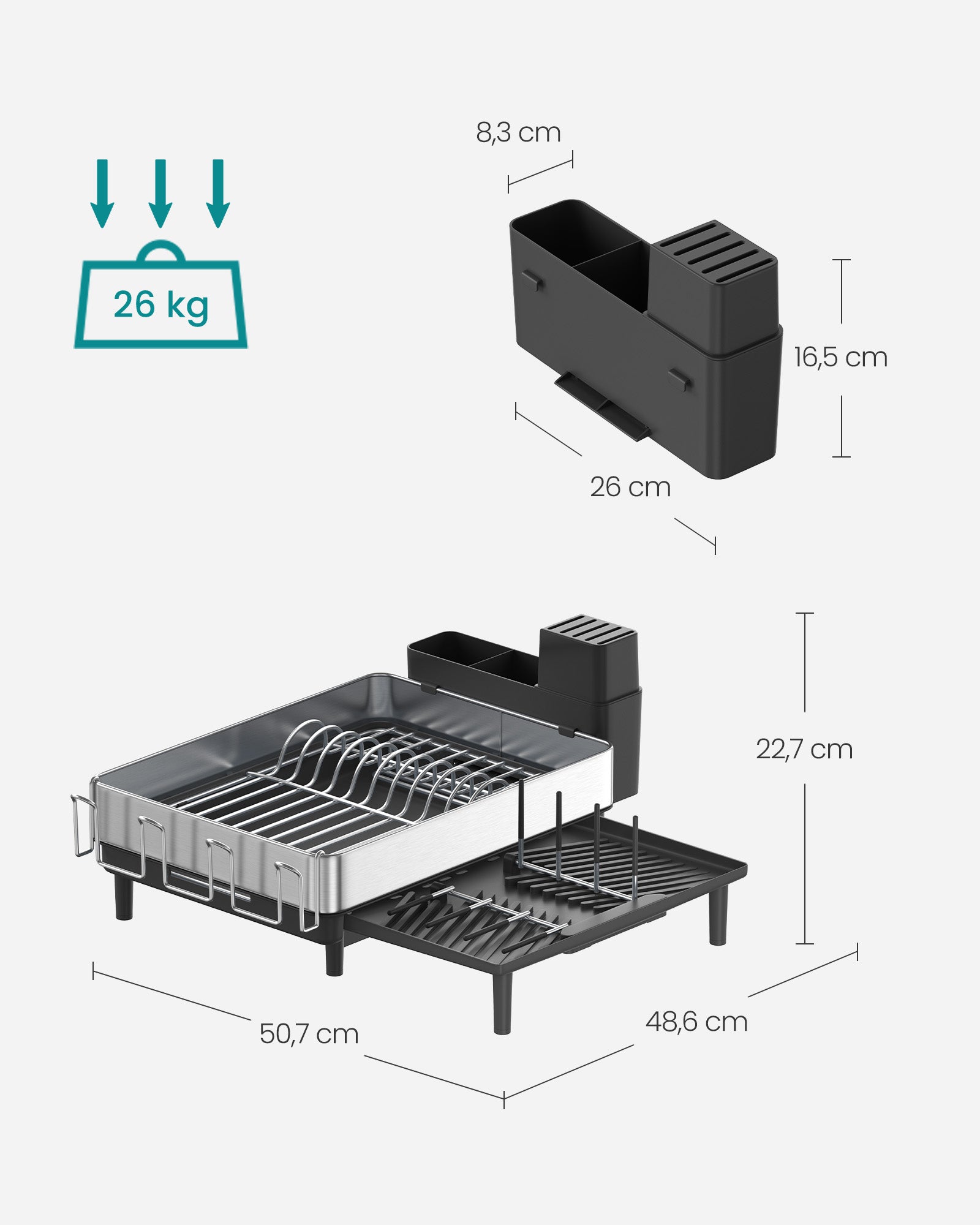 Drain rack with holders for silver black cutlery