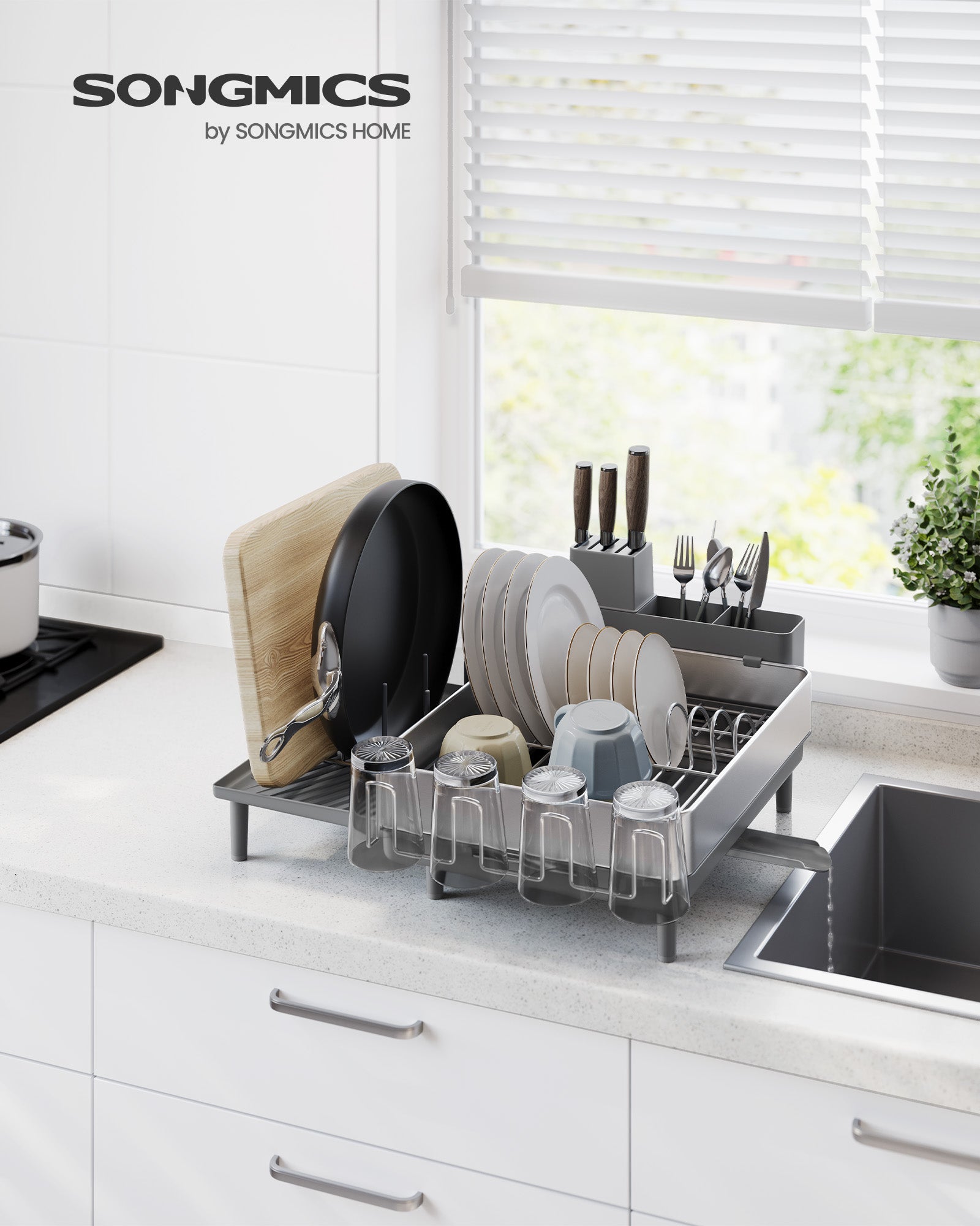 Drain rack with silver gray cutlery holders