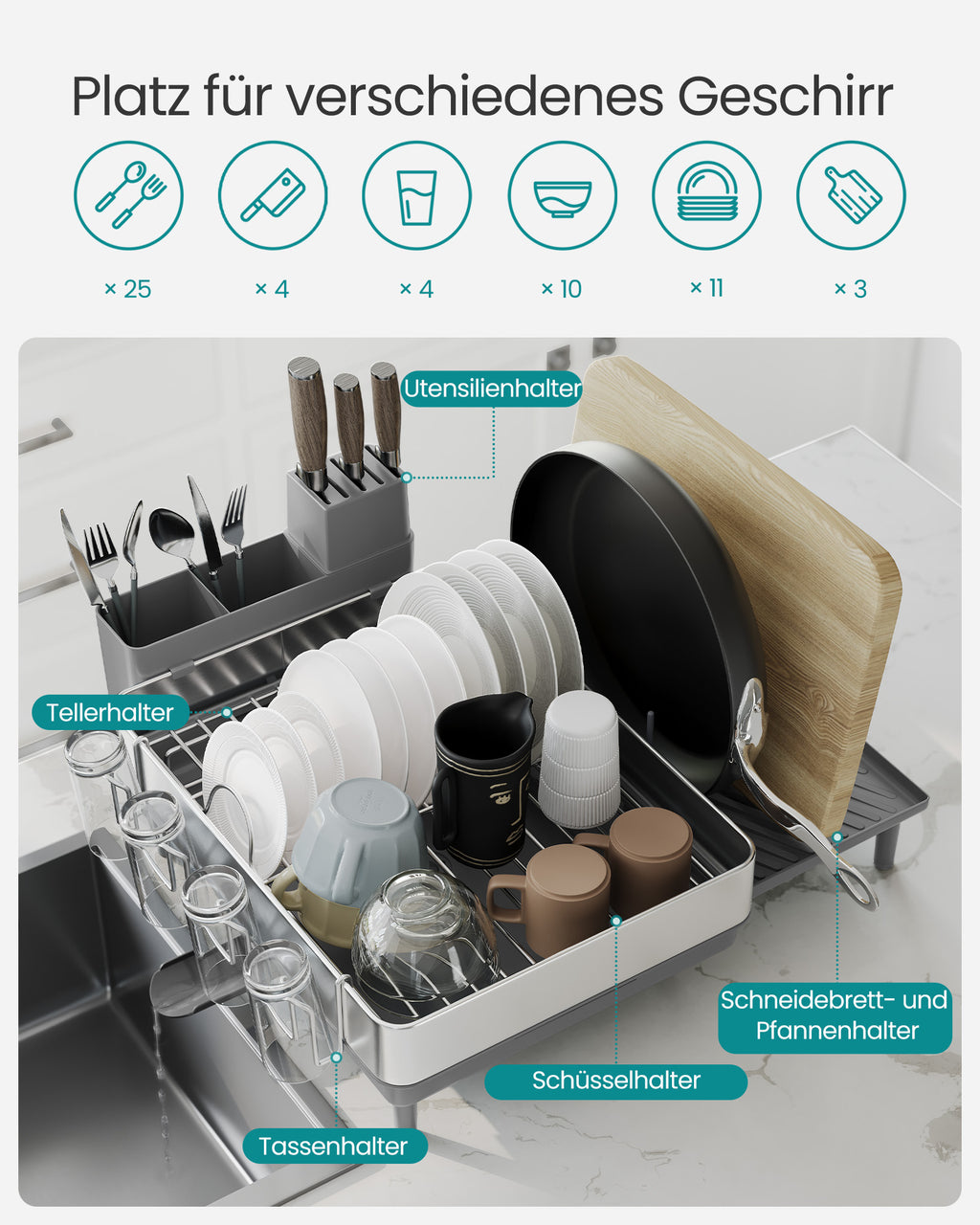 Drain rack with silver gray cutlery holders
