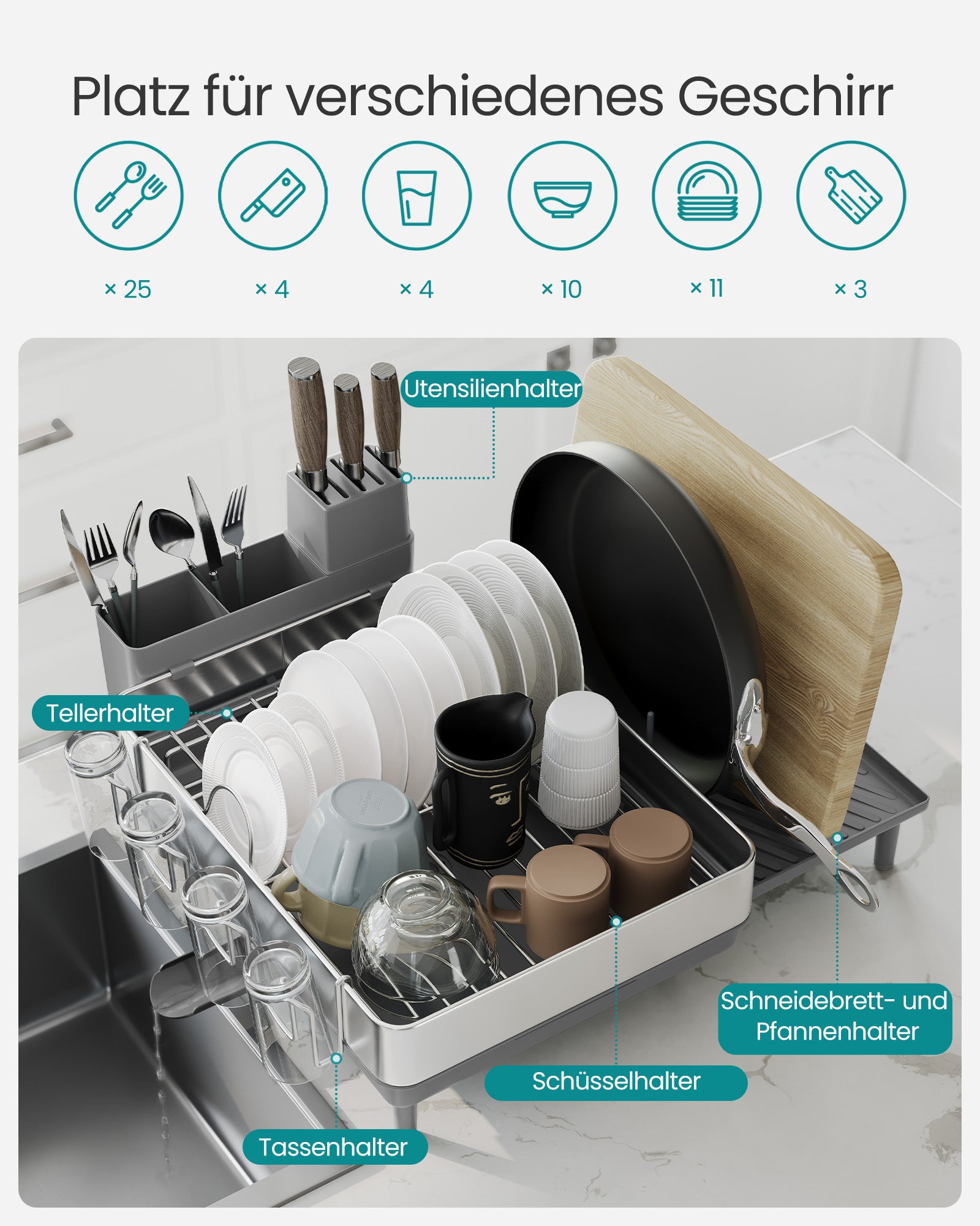 Drain rack with silver gray cutlery holders