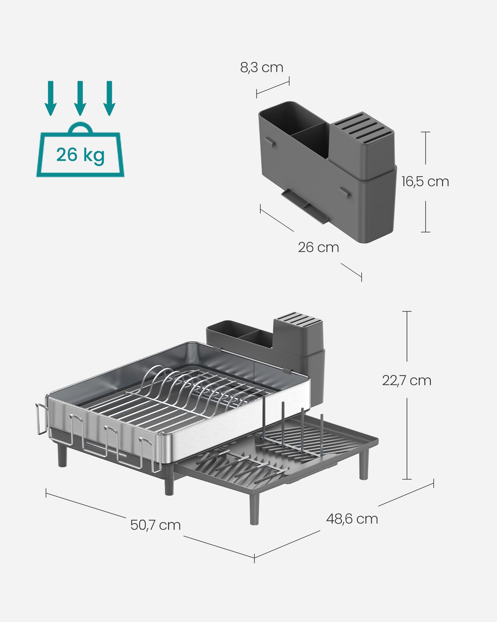 Drain rack with silver gray cutlery holders