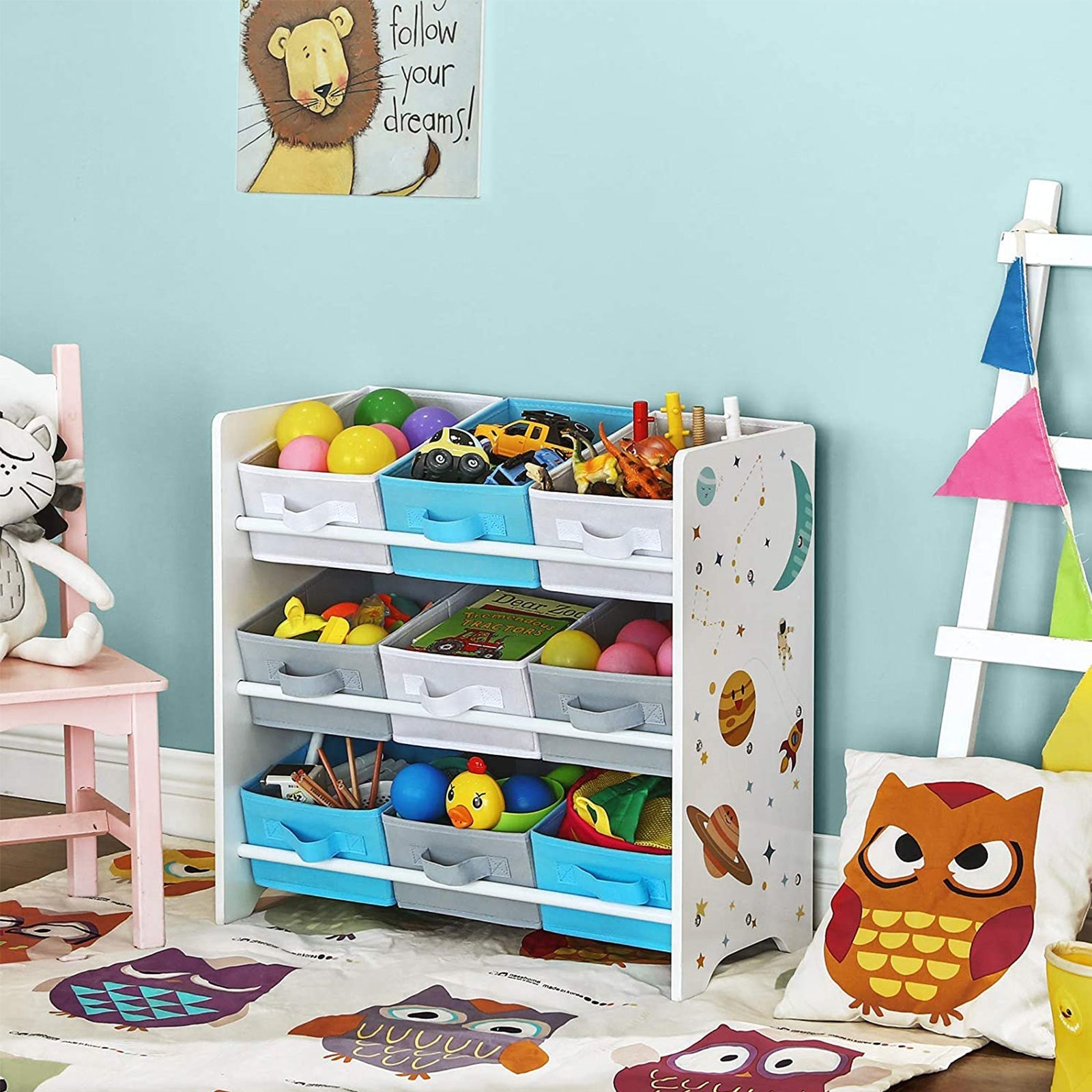Children's cabinet - Bookcase for Toys - 9 Fleece Storage boxes - White/Blue