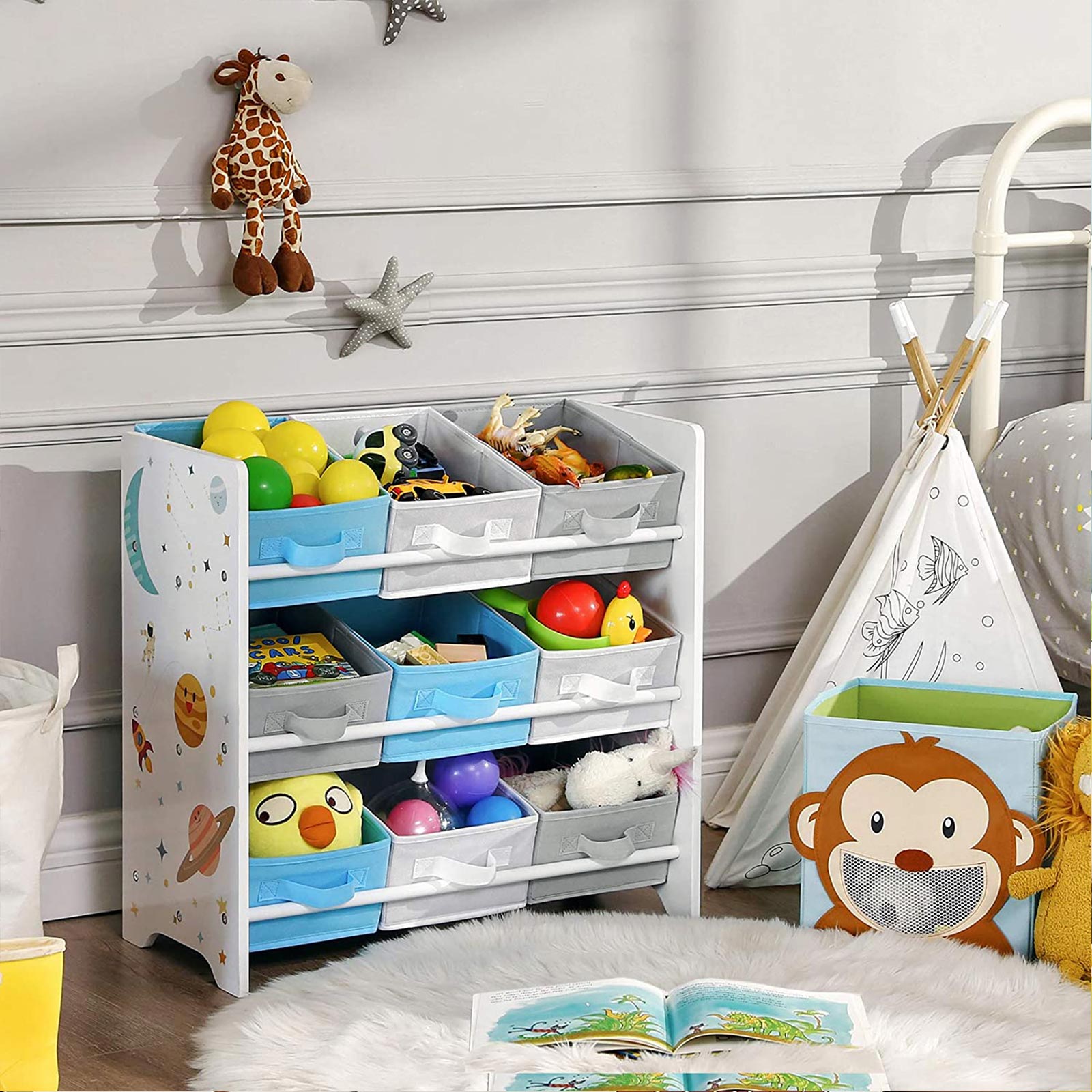 Children's cabinet - Bookcase for Toys - 9 Fleece Storage boxes - White/Blue