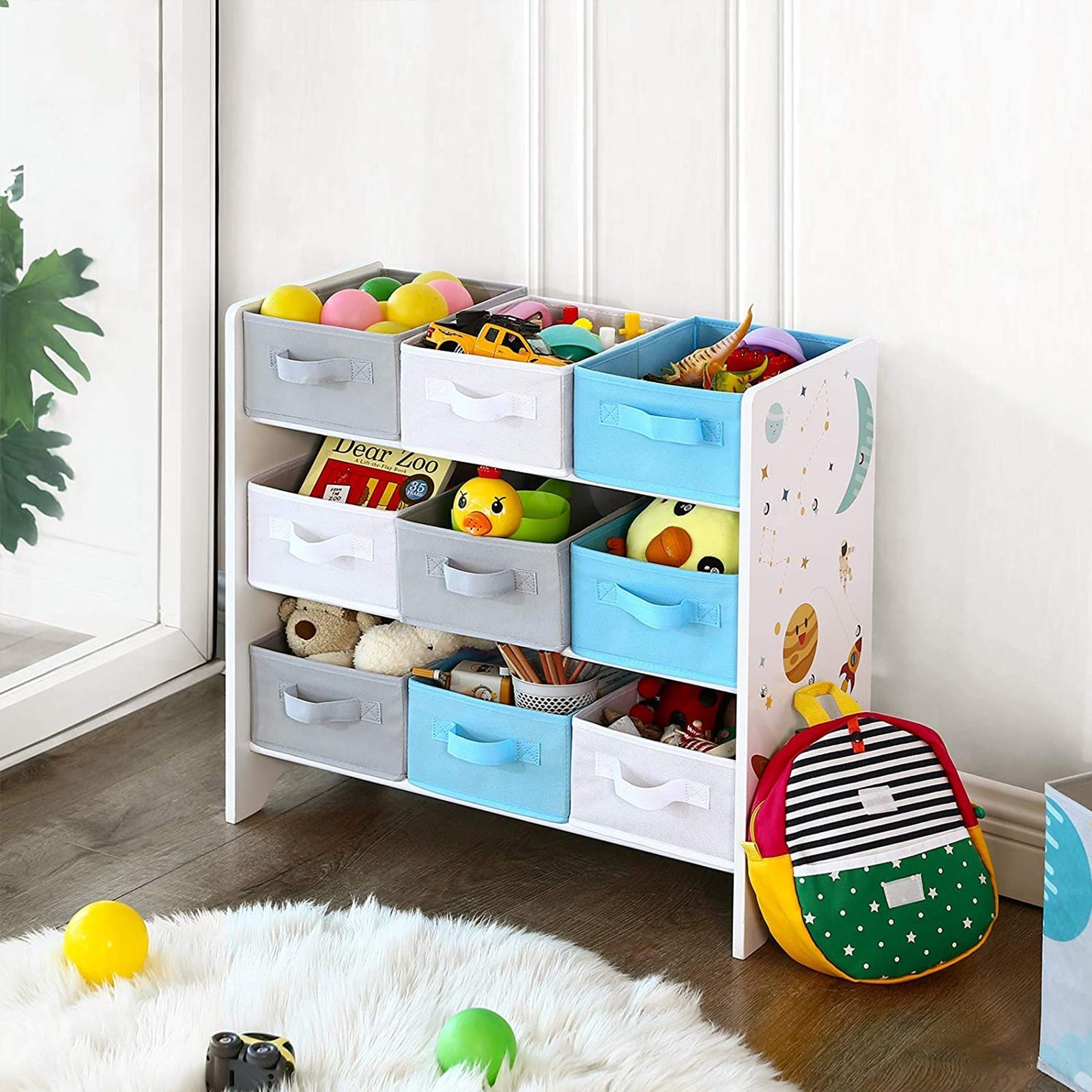 Children's cabinet - Bookcase for Toys - 9 Fleece Storage boxes - White/Blue