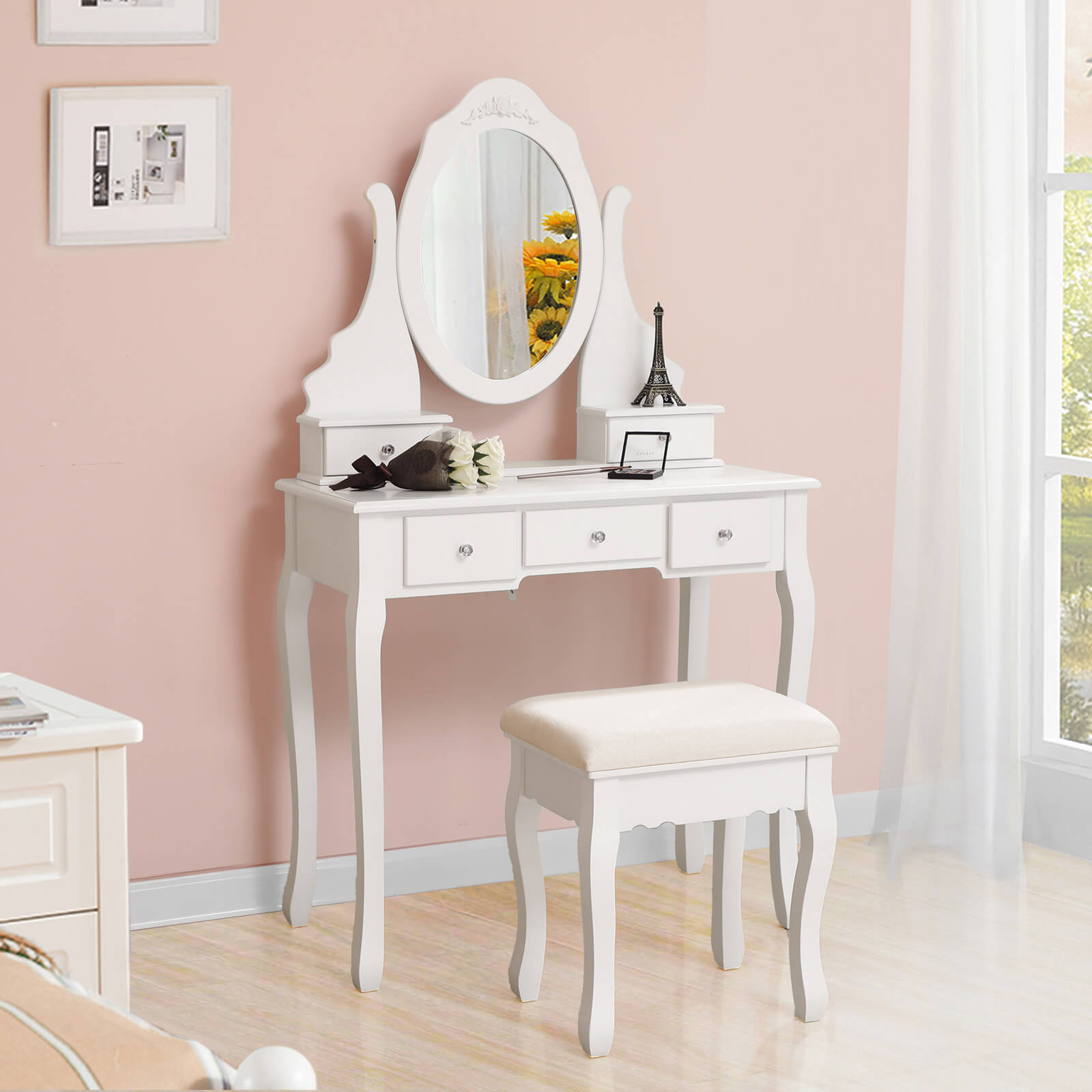 Dressing table-Make-up table-5 drawers-Rotating mirror-with stool-white