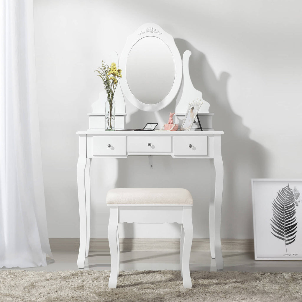 Dressing table-Make-up table-5 drawers-Rotating mirror-with stool-white
