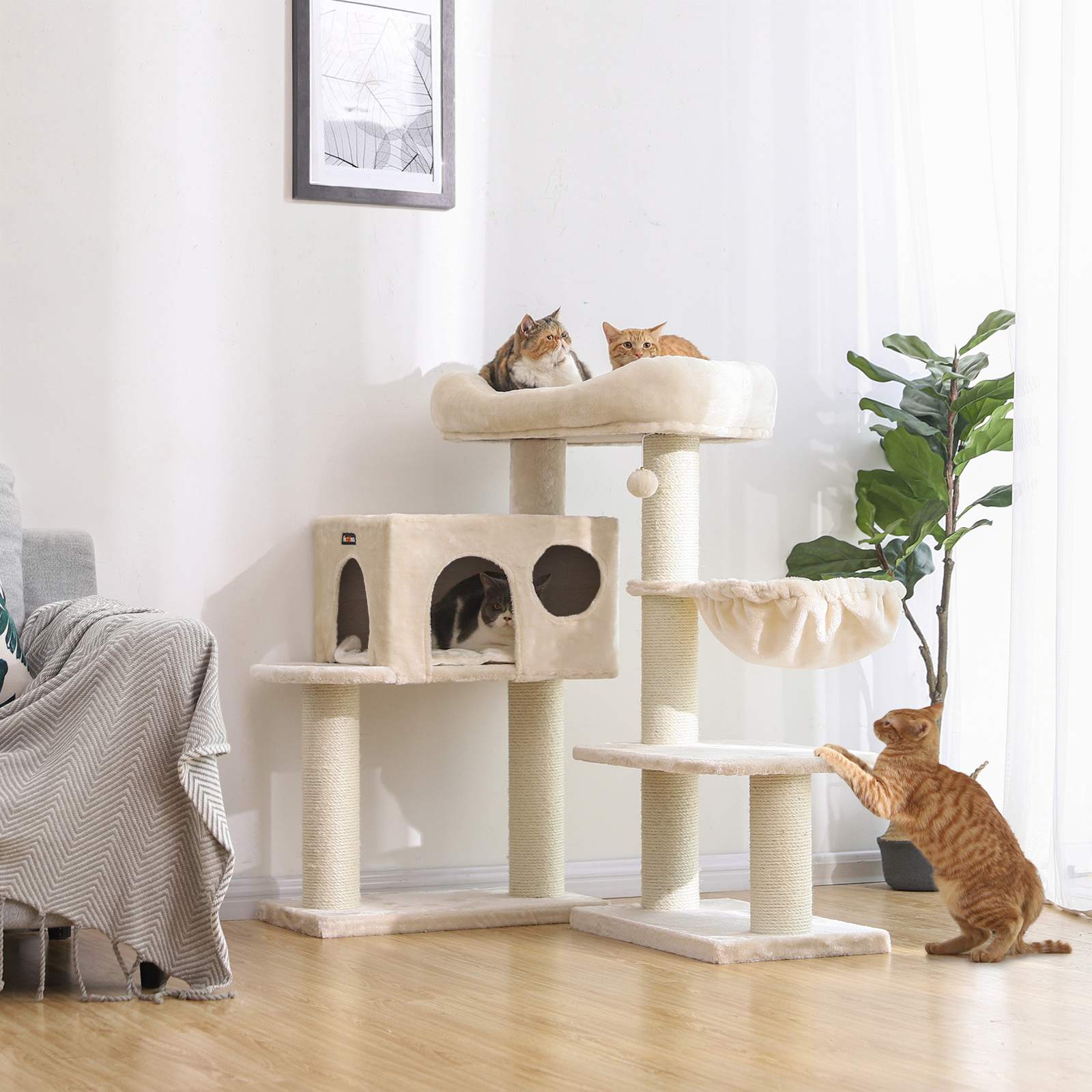 Scratching post - climbing tree - with platform, hammock and cave - cream