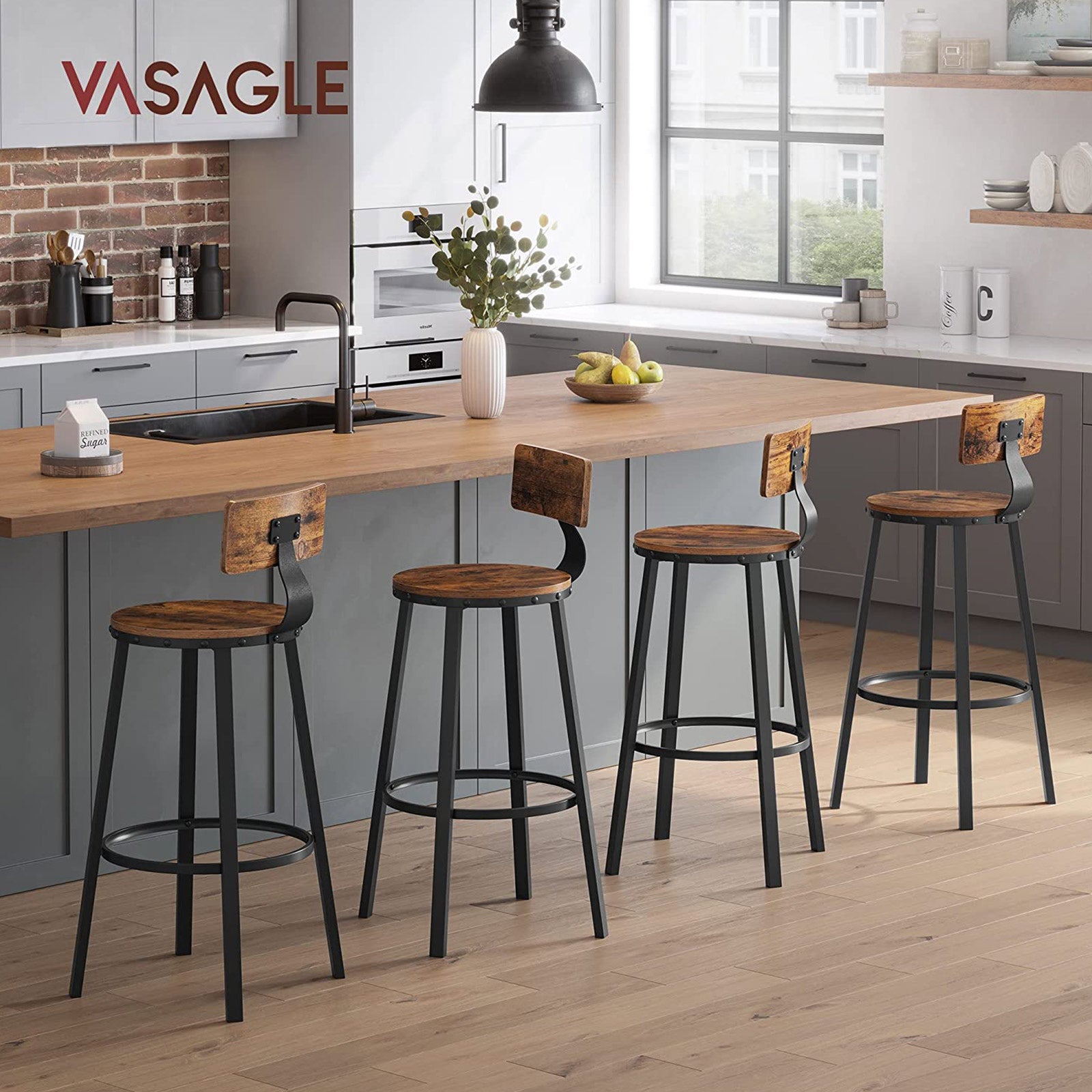 Bar stools - Set of 2 - With backrest - Wooden seat - Brown
