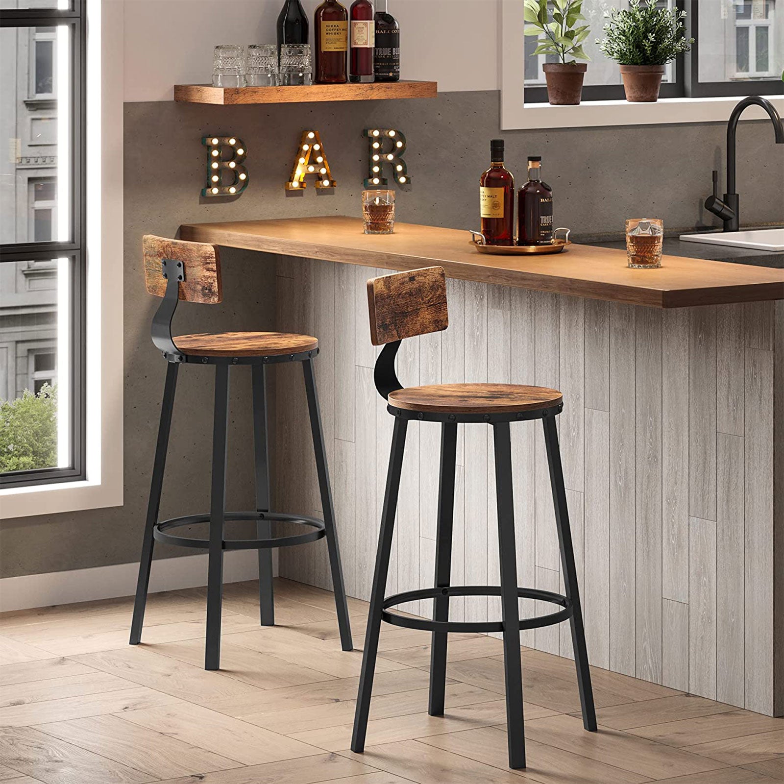 Bar stools - Set of 2 - With backrest - Wooden seat - Brown