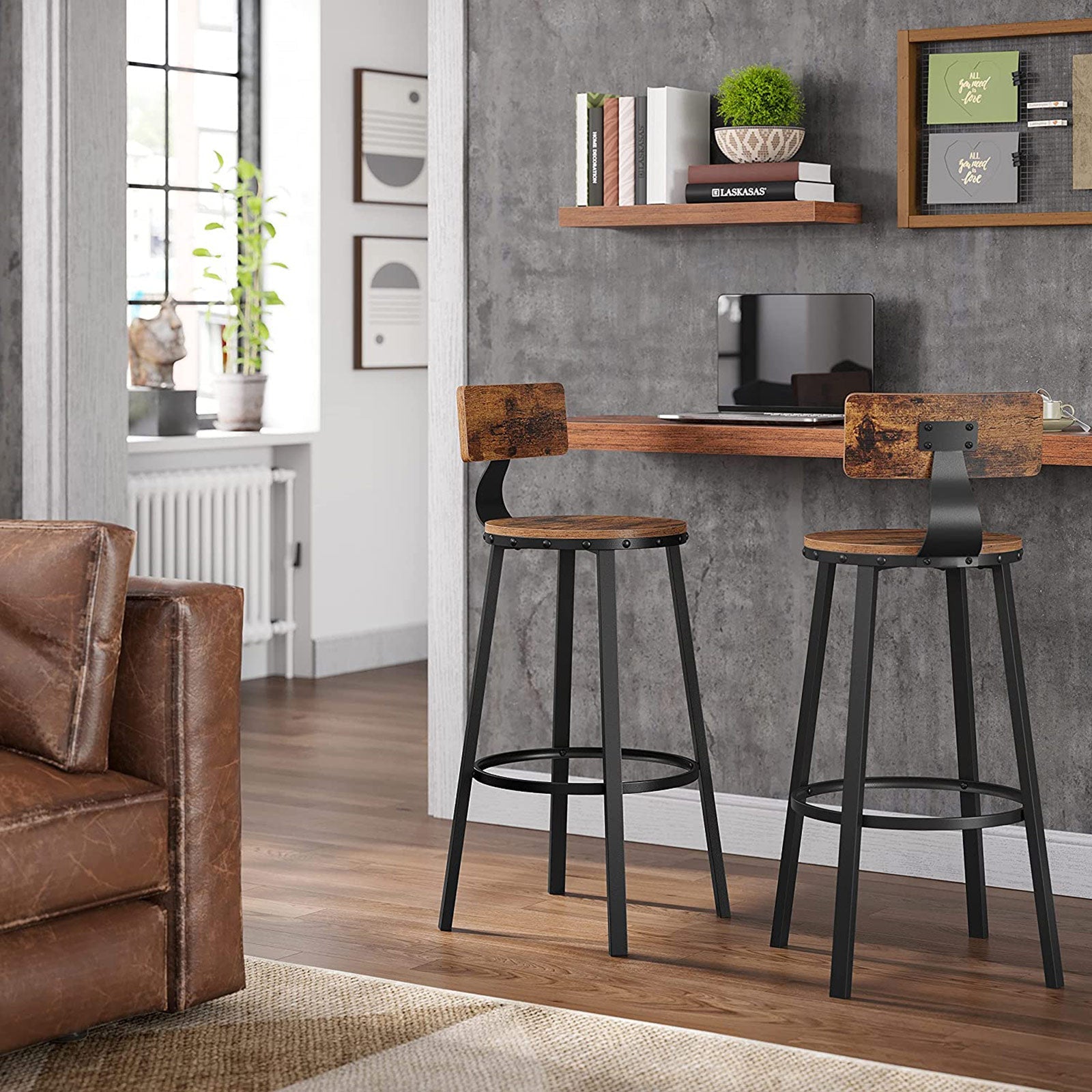 Bar stools - Set of 2 - With backrest - Wooden seat - Brown