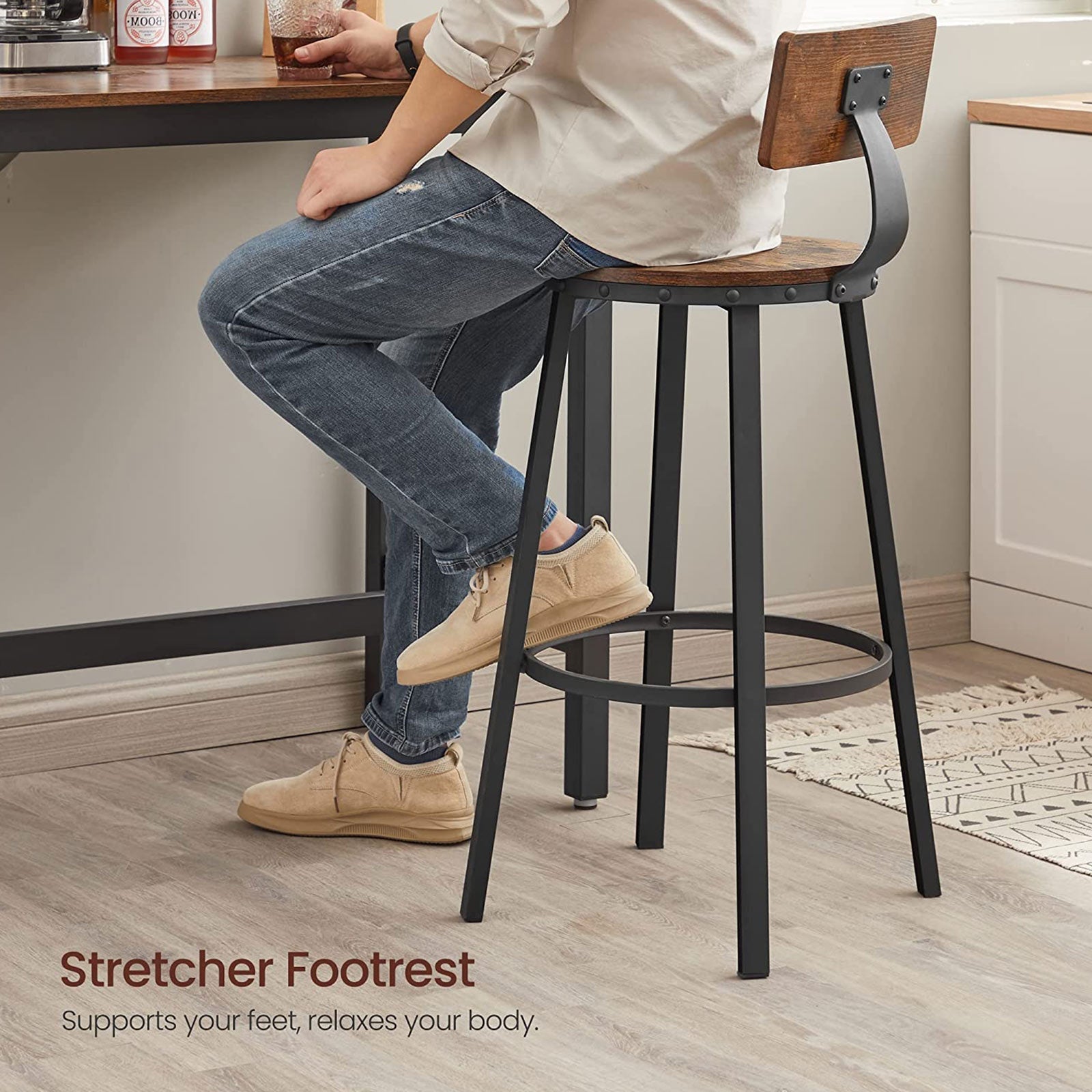 Bar stools - Set of 2 - With backrest - Wooden seat - Brown