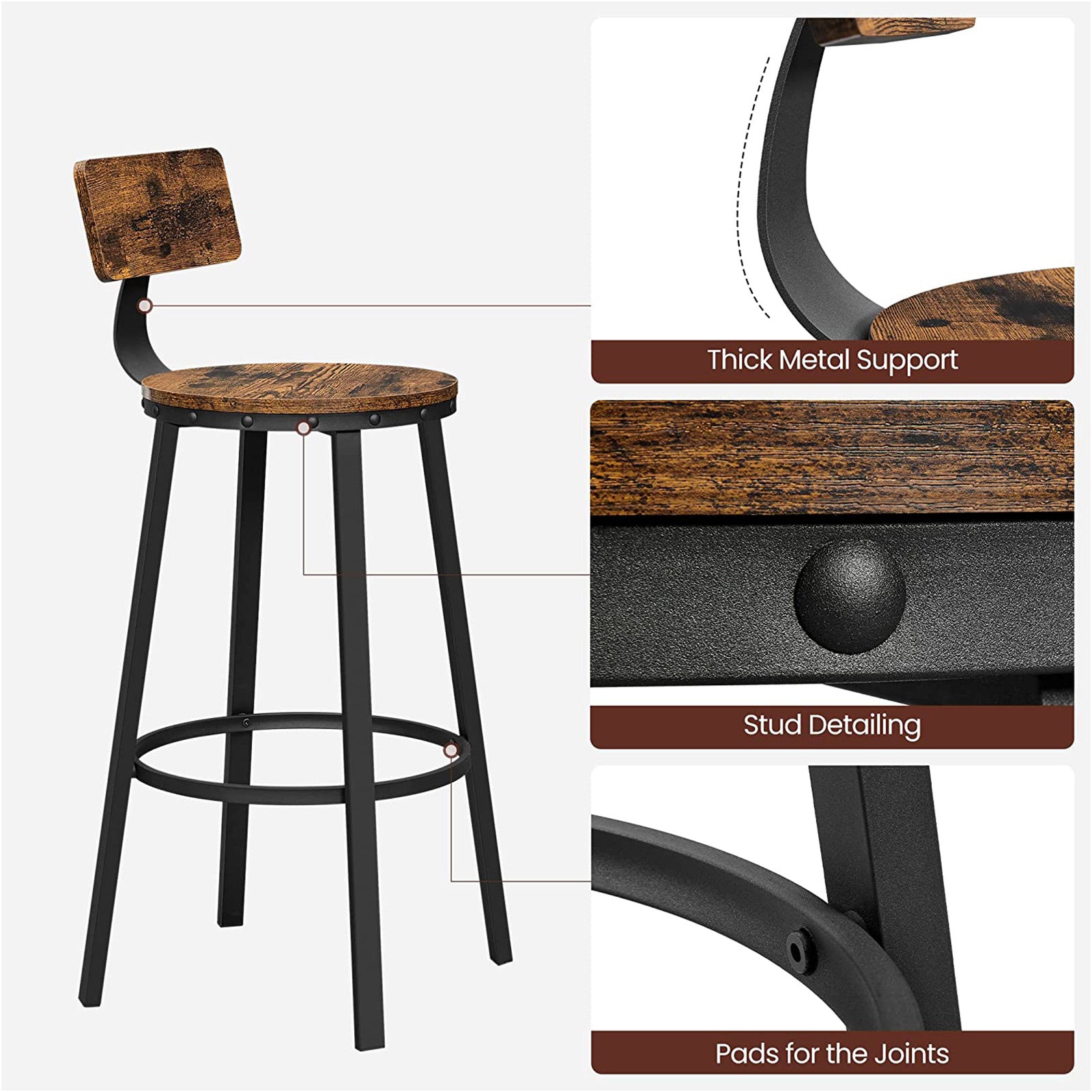 Bar stools - Set of 2 - With backrest - Wooden seat - Brown