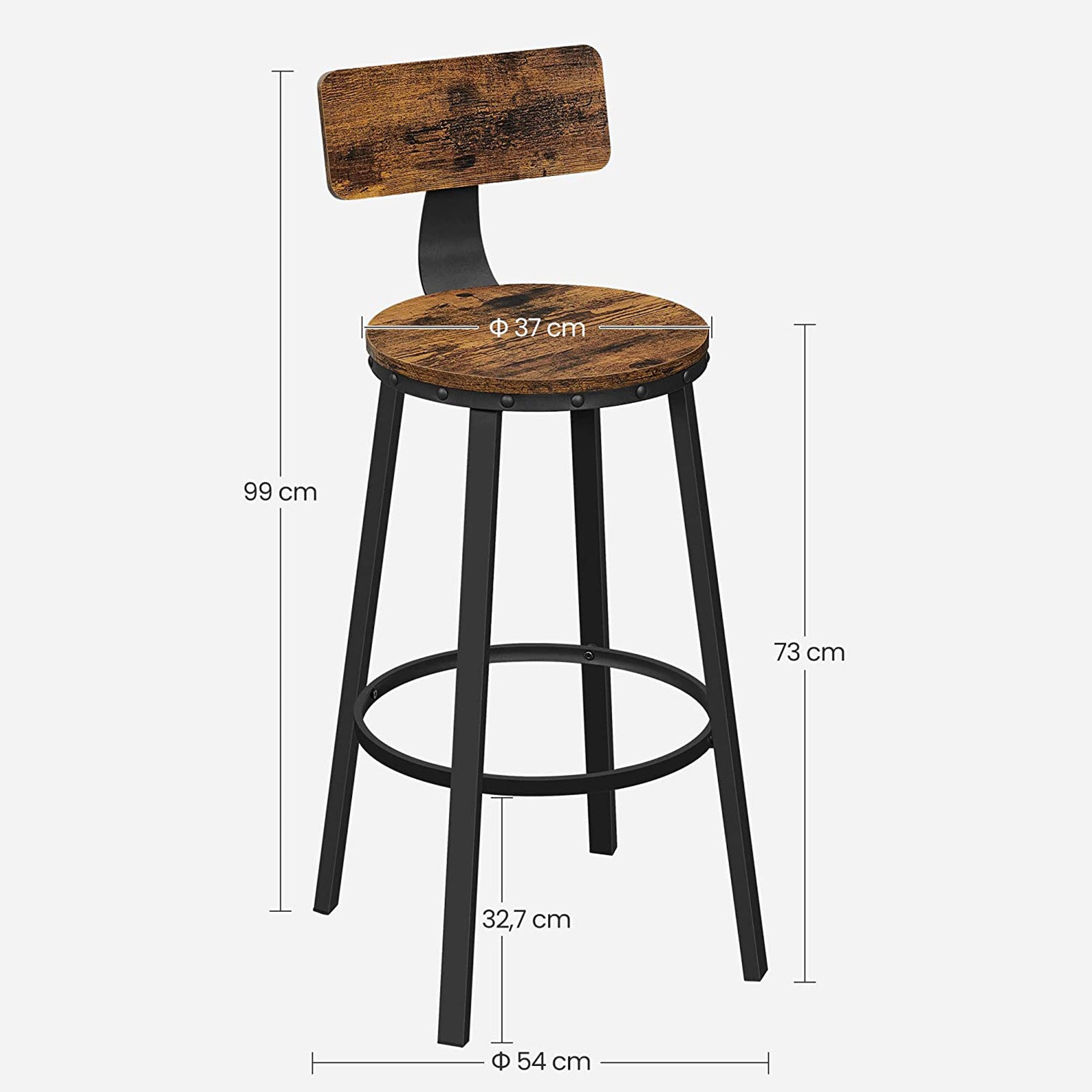 Bar stools - Set of 2 - With backrest - Wooden seat - Brown